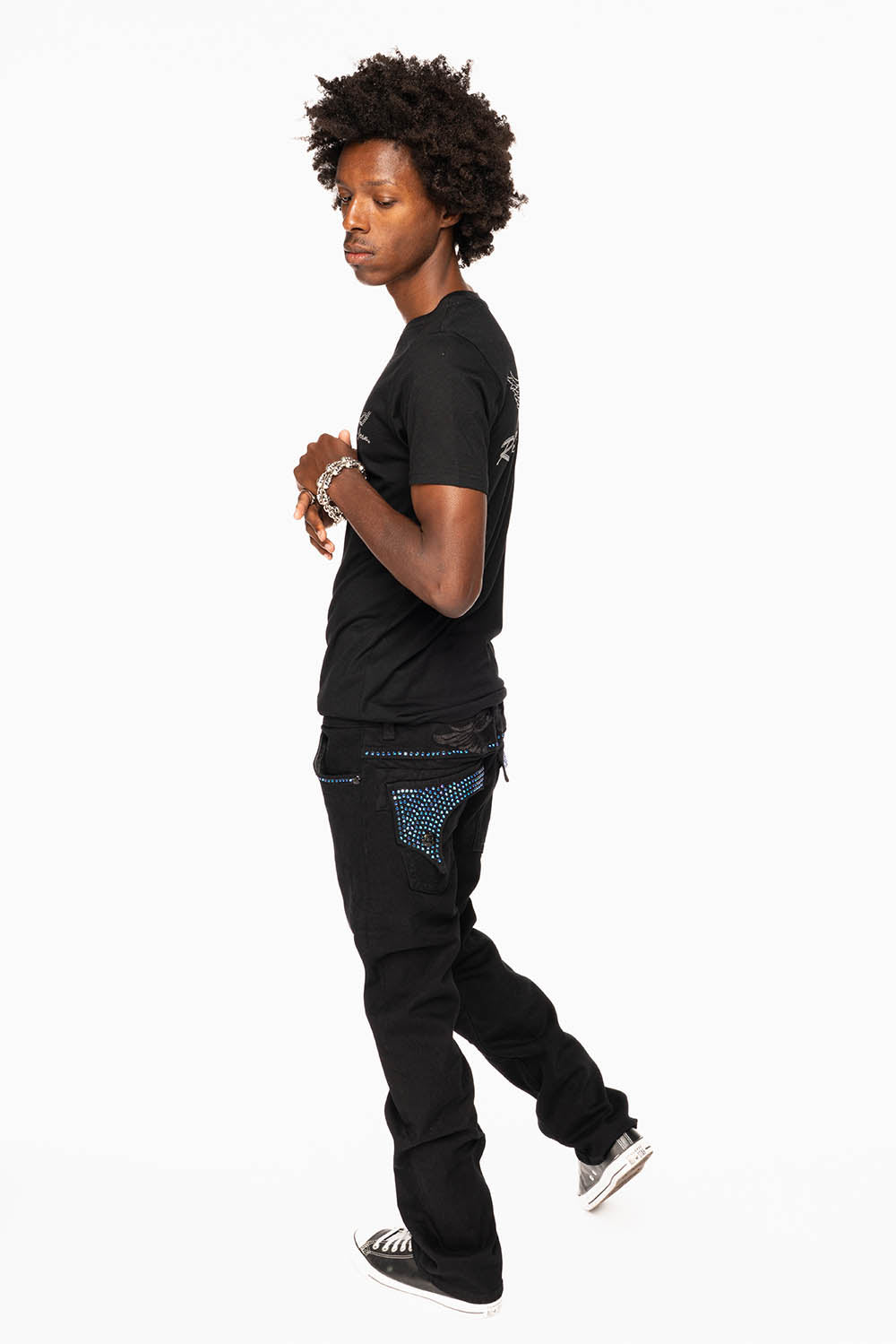 KILLER FLAP STRAIGHT JEANS IN PURE BLACK WASH WITH BLUE CRYSTALS