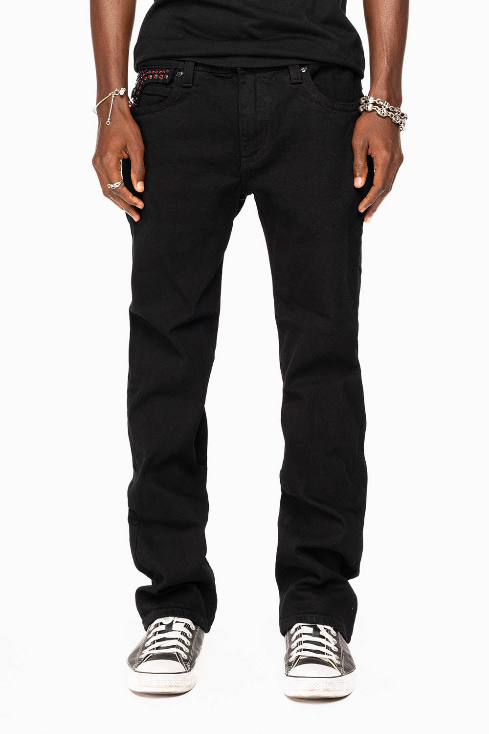 KILLER FLAP STRAIGHT JEANS IN PURE BLACK WASH WITH RED CRYSTALS