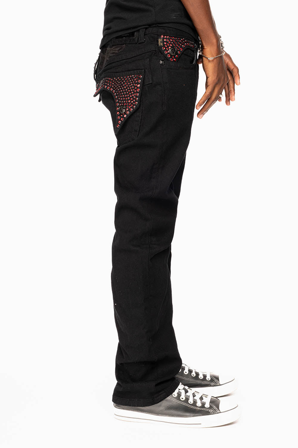 KILLER FLAP STRAIGHT JEANS IN PURE BLACK WASH WITH RED CRYSTALS