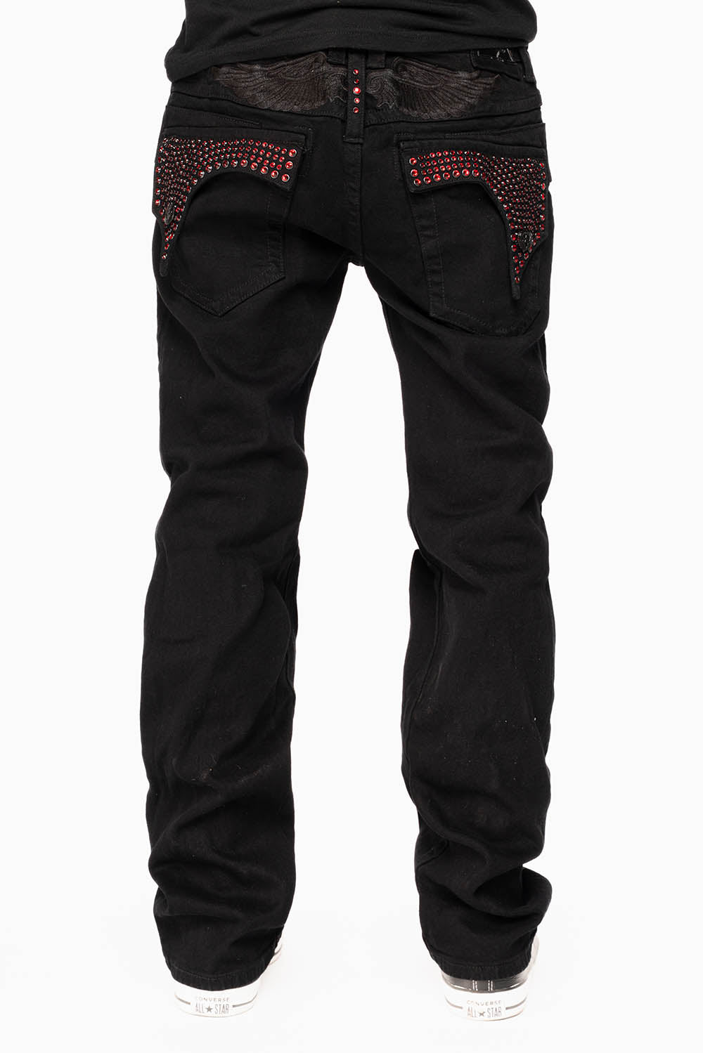 KILLER FLAP STRAIGHT JEANS IN PURE BLACK WASH WITH RED CRYSTALS