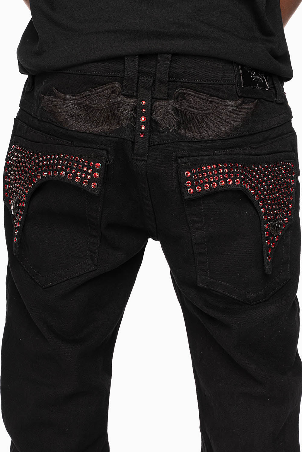 KILLER FLAP STRAIGHT JEANS IN PURE BLACK WASH WITH RED CRYSTALS