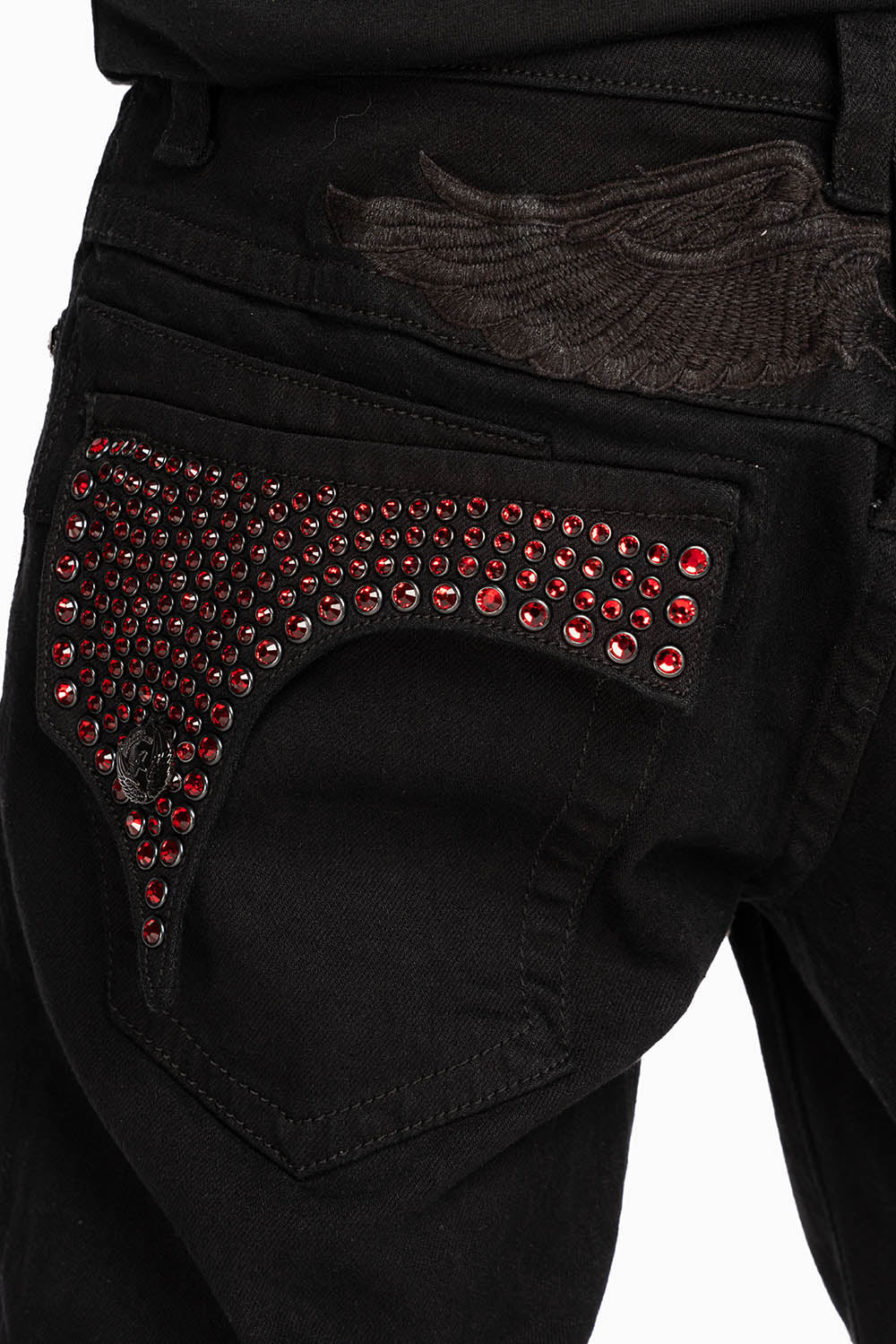 KILLER FLAP STRAIGHT JEANS IN PURE BLACK WASH WITH RED CRYSTALS