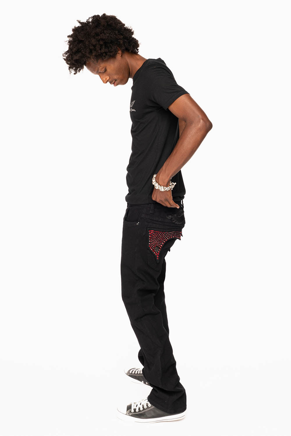 KILLER FLAP STRAIGHT JEANS IN PURE BLACK WASH WITH RED CRYSTALS