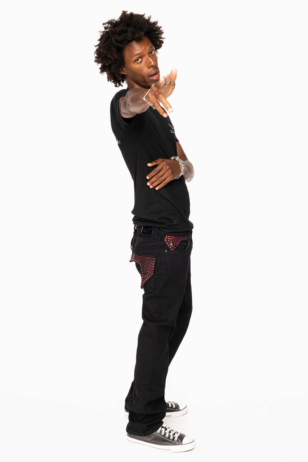 KILLER FLAP STRAIGHT JEANS IN PURE BLACK WASH WITH RED CRYSTALS