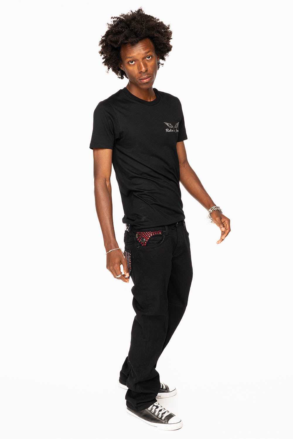 KILLER FLAP STRAIGHT JEANS IN PURE BLACK WASH WITH RED CRYSTALS