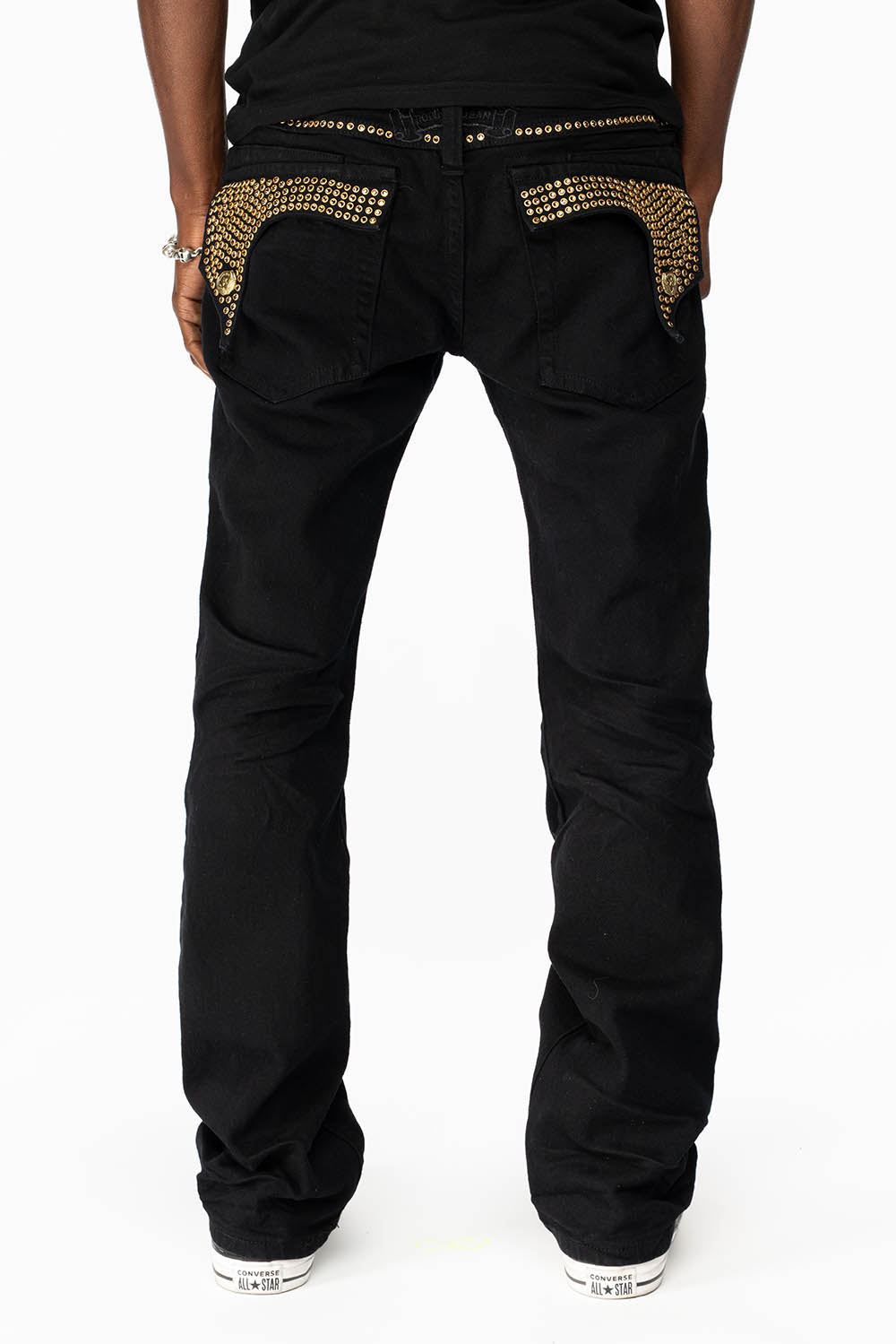 KILLER FLAP MENS STRAIGHT LEG JEAN IN BLACK FULLY EMBELLISHED WITH SMOKEY TOPAZ CRYSTALS