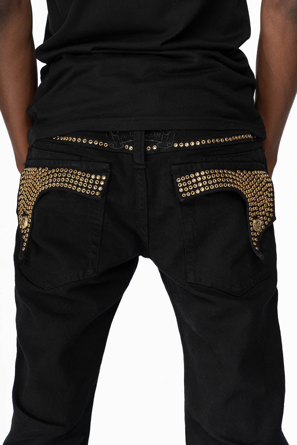 KILLER FLAP MENS STRAIGHT LEG JEAN IN BLACK FULLY EMBELLISHED WITH SMOKEY TOPAZ CRYSTALS