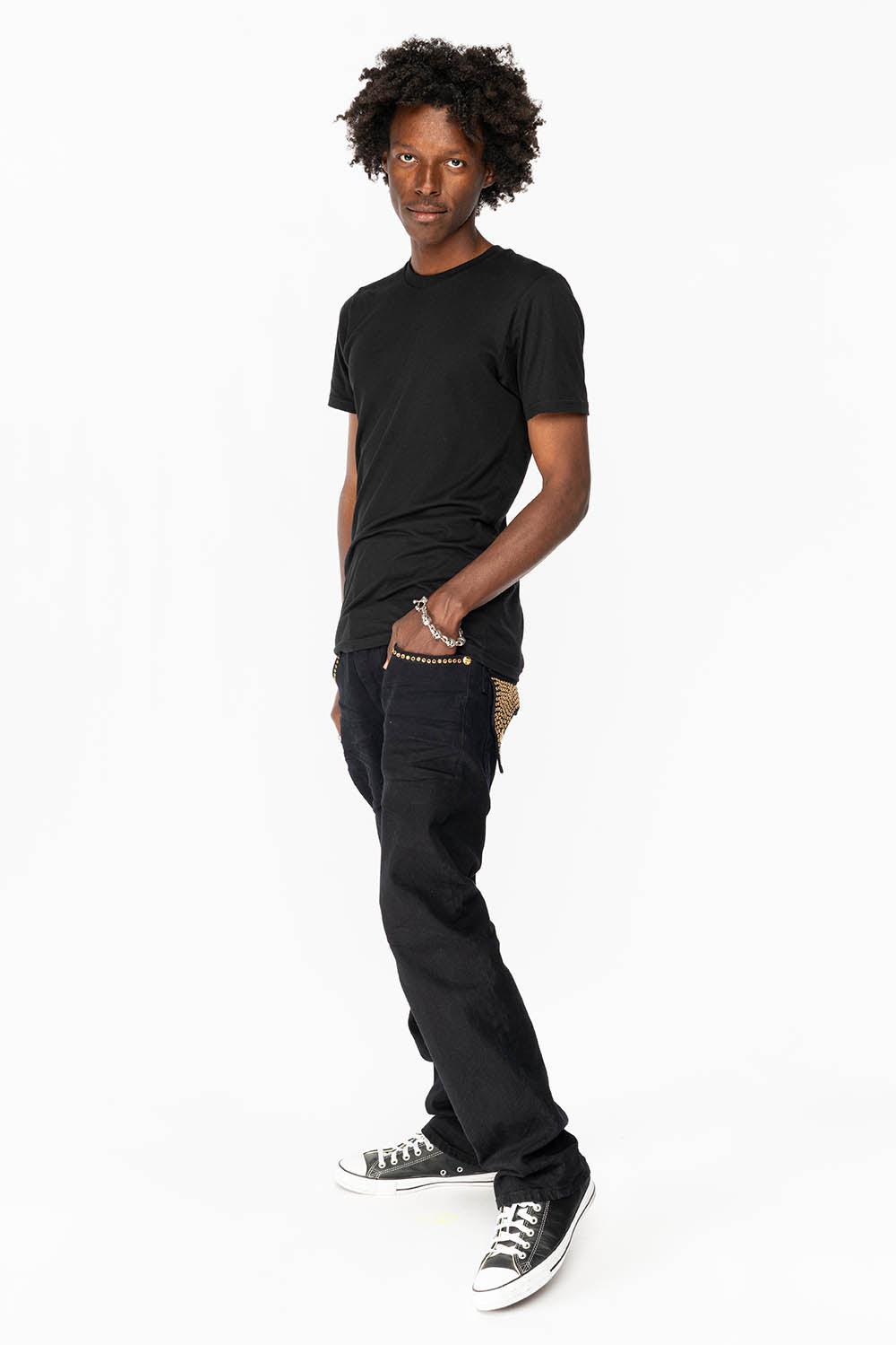 KILLER FLAP MENS STRAIGHT LEG JEAN IN BLACK FULLY EMBELLISHED WITH SMOKEY TOPAZ CRYSTALS