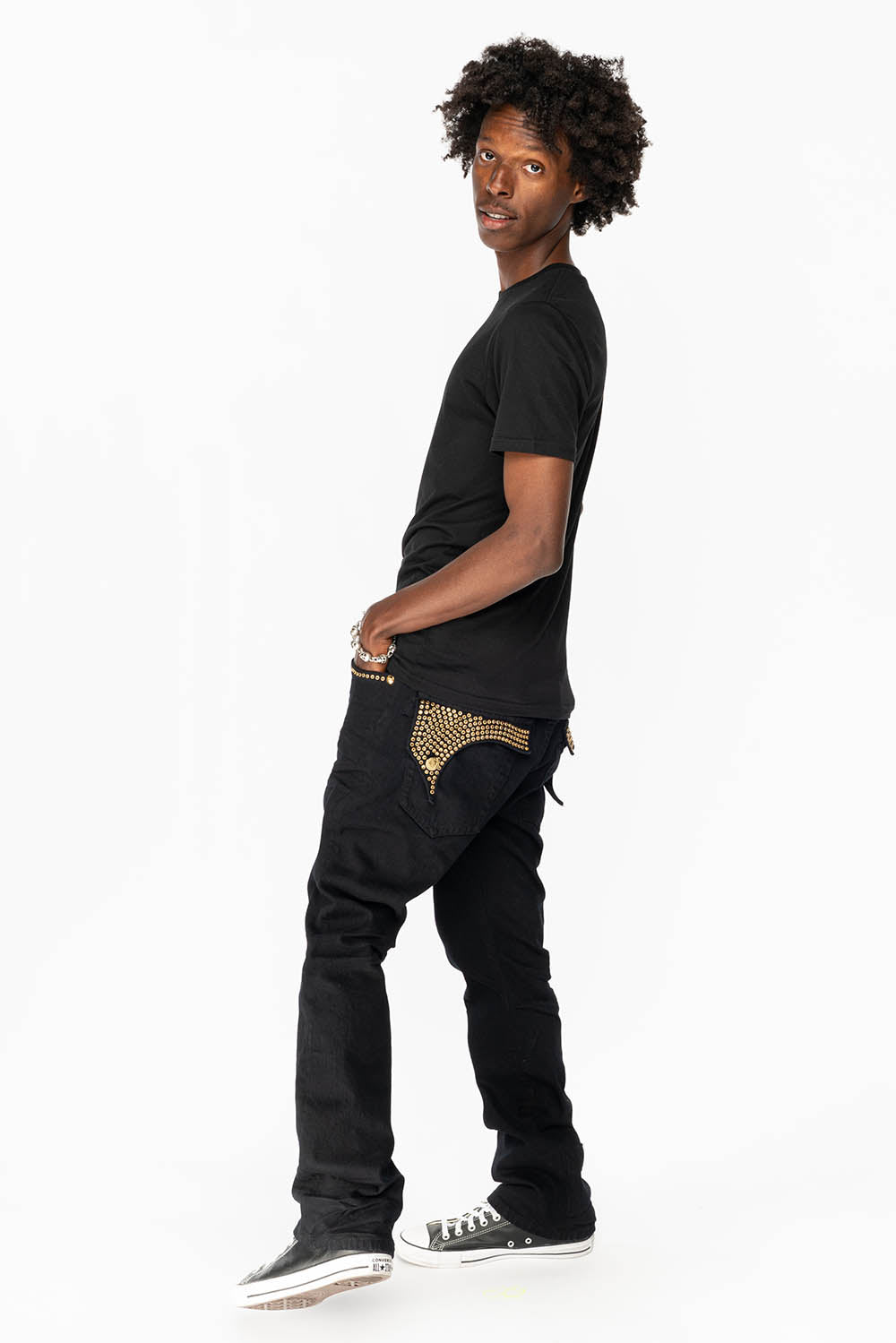 KILLER FLAP MENS STRAIGHT LEG JEAN IN BLACK FULLY EMBELLISHED WITH SMOKEY TOPAZ CRYSTALS