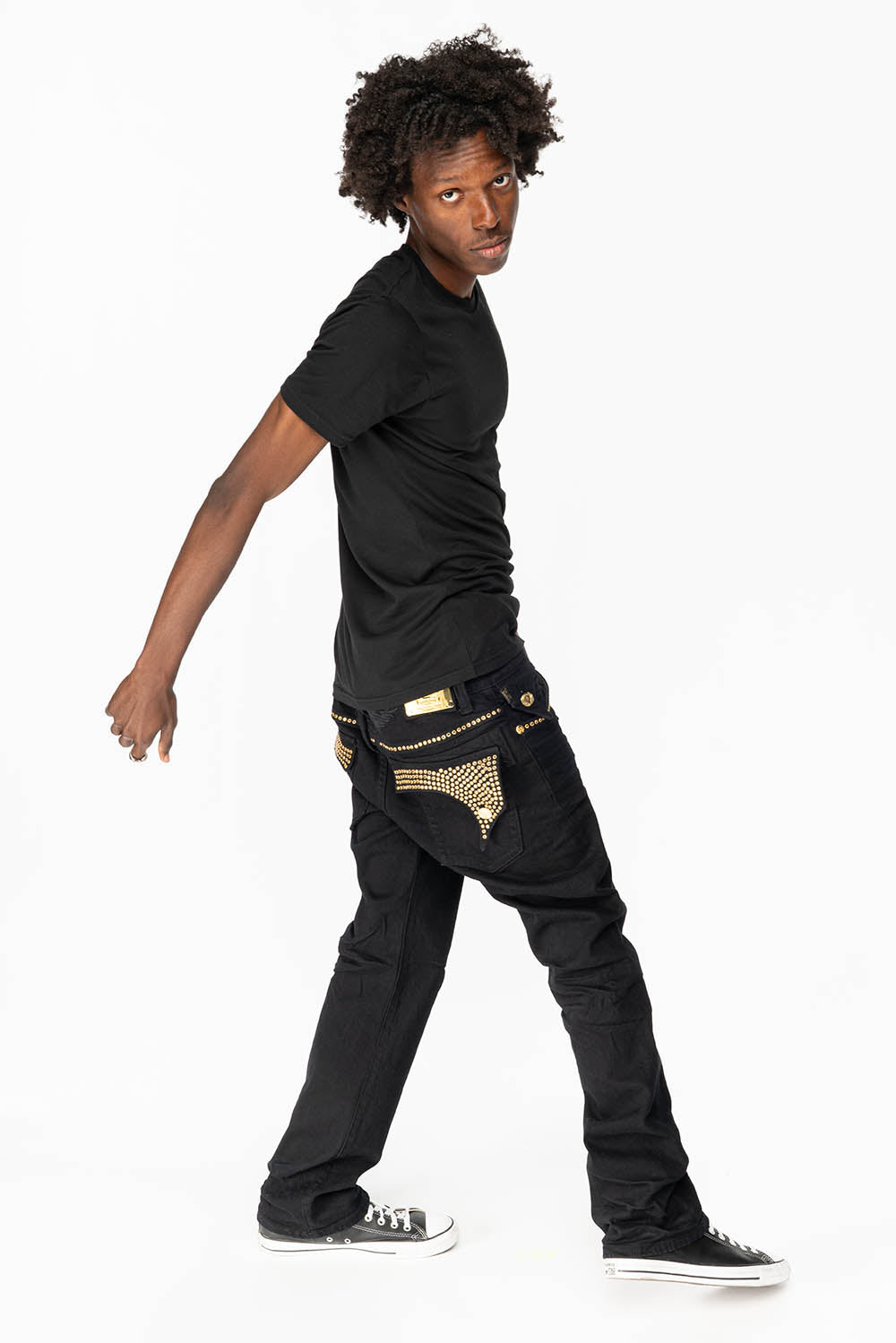 KILLER FLAP MENS STRAIGHT LEG JEAN IN BLACK FULLY EMBELLISHED WITH SMOKEY TOPAZ CRYSTALS