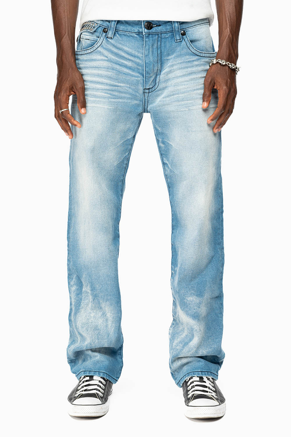 KILLER FLAP MENS STRAIGHT LEG JEAN IN OMAHA LIGHT BLUE WASH EMBELLISHED WITH CLEAR AND SAPPHIRE CRYSTALS
