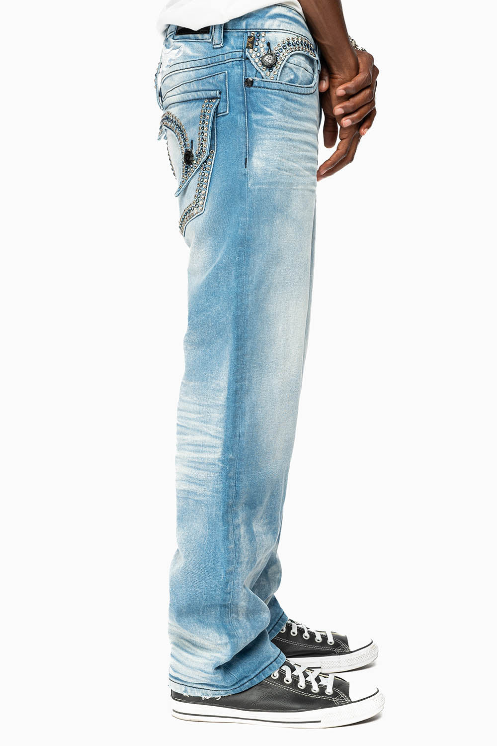 KILLER FLAP MENS STRAIGHT LEG JEAN IN OMAHA LIGHT BLUE WASH EMBELLISHED WITH CLEAR AND SAPPHIRE CRYSTALS