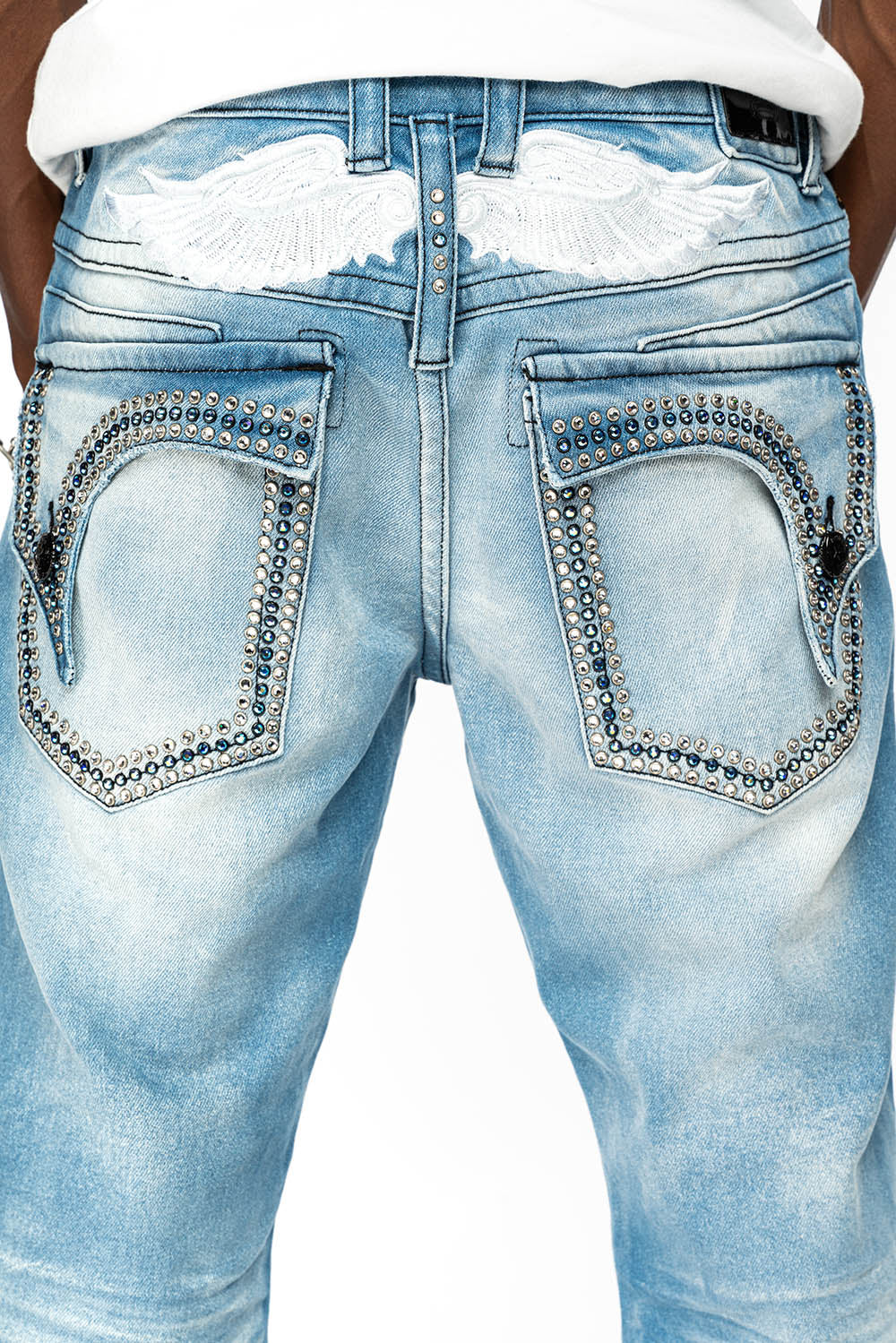 KILLER FLAP MENS STRAIGHT LEG JEAN IN OMAHA LIGHT BLUE WASH EMBELLISHED WITH CLEAR AND SAPPHIRE CRYSTALS