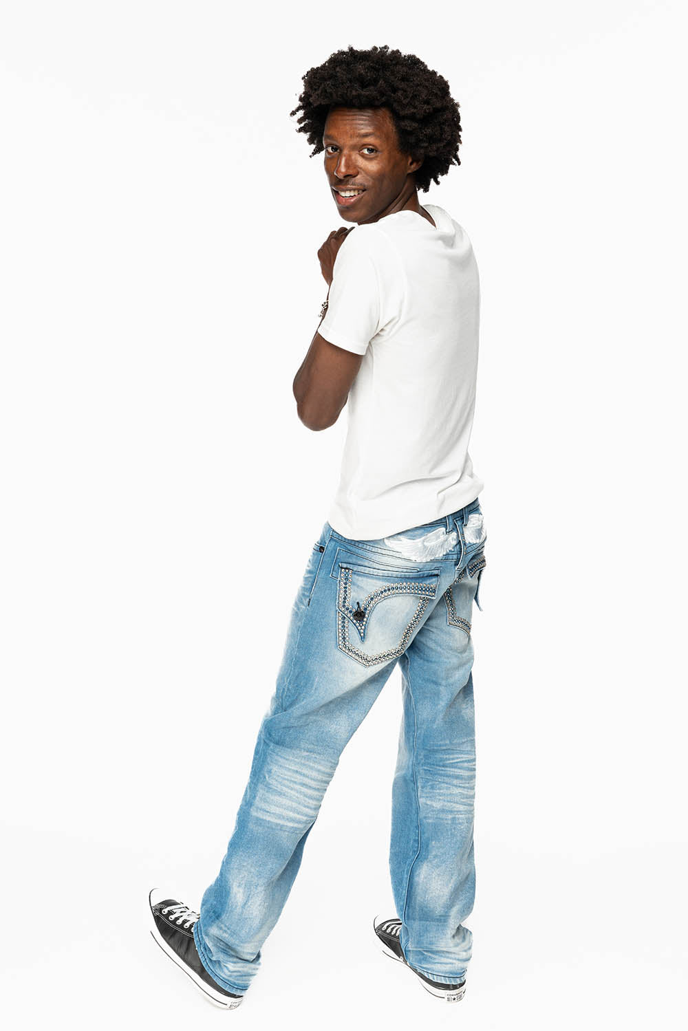 KILLER FLAP MENS STRAIGHT LEG JEAN IN OMAHA LIGHT BLUE WASH EMBELLISHED WITH CLEAR AND SAPPHIRE CRYSTALS