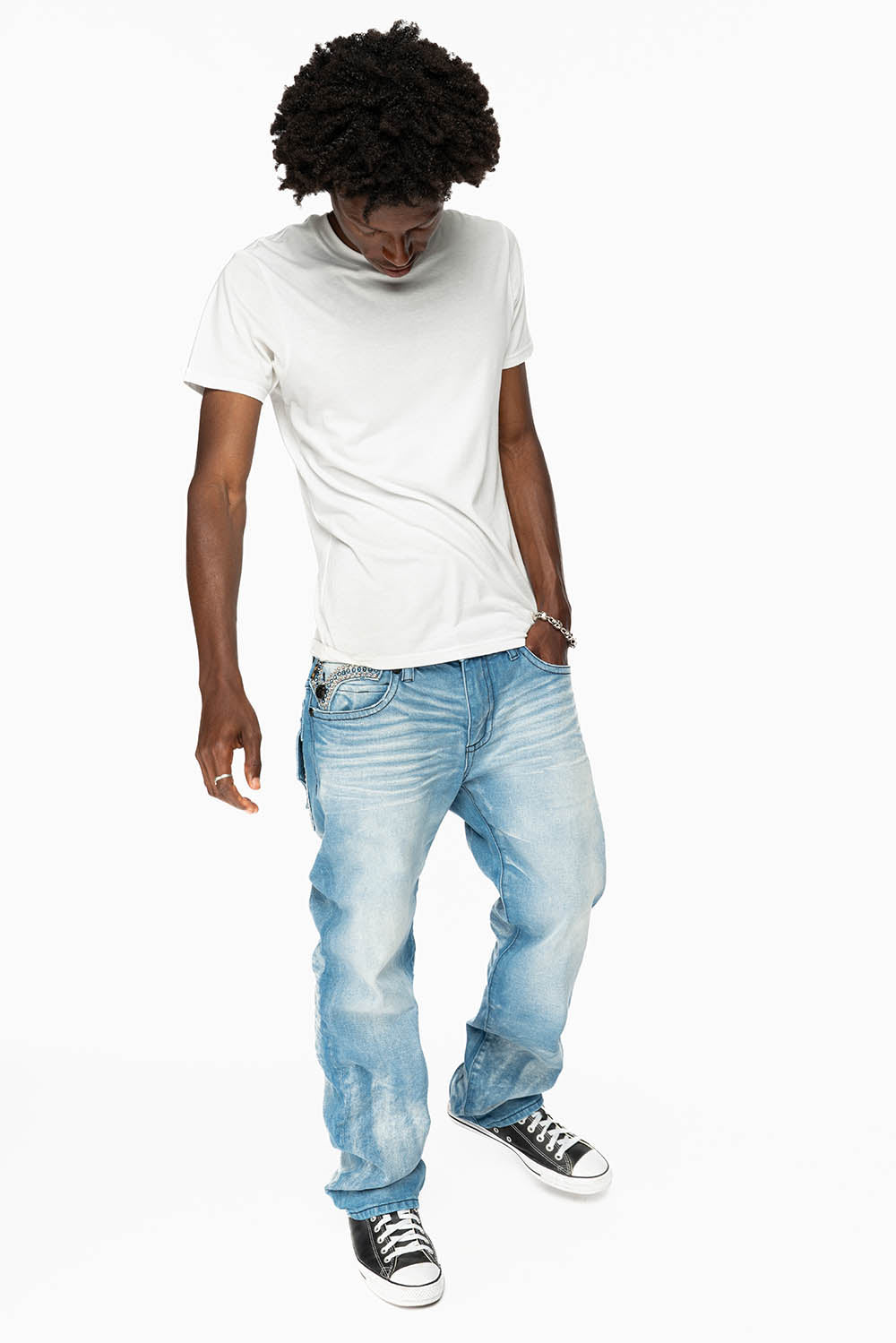 KILLER FLAP MENS STRAIGHT LEG JEAN IN OMAHA LIGHT BLUE WASH EMBELLISHED WITH CLEAR AND SAPPHIRE CRYSTALS