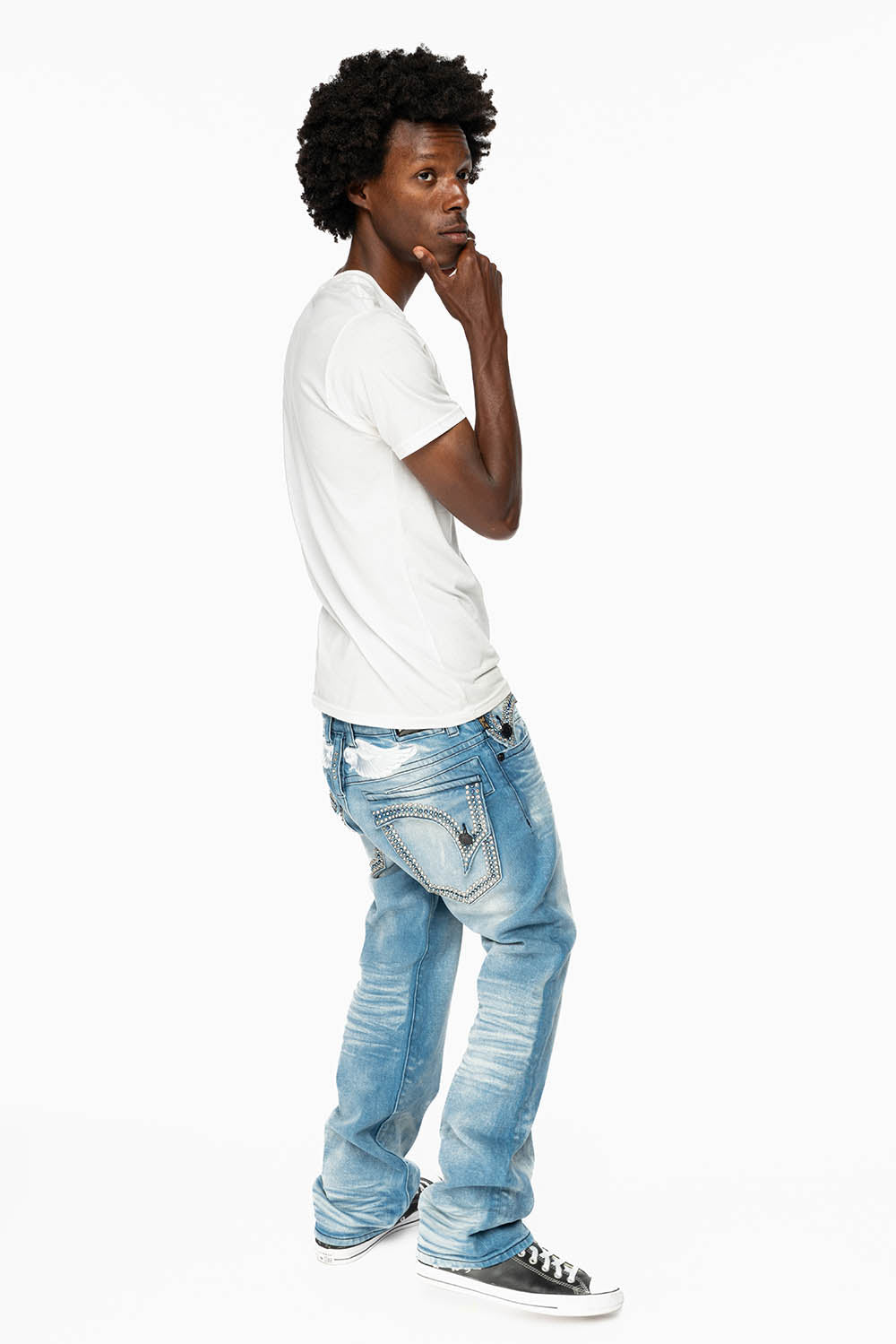 KILLER FLAP MENS STRAIGHT LEG JEAN IN OMAHA LIGHT BLUE WASH EMBELLISHED WITH CLEAR AND SAPPHIRE CRYSTALS