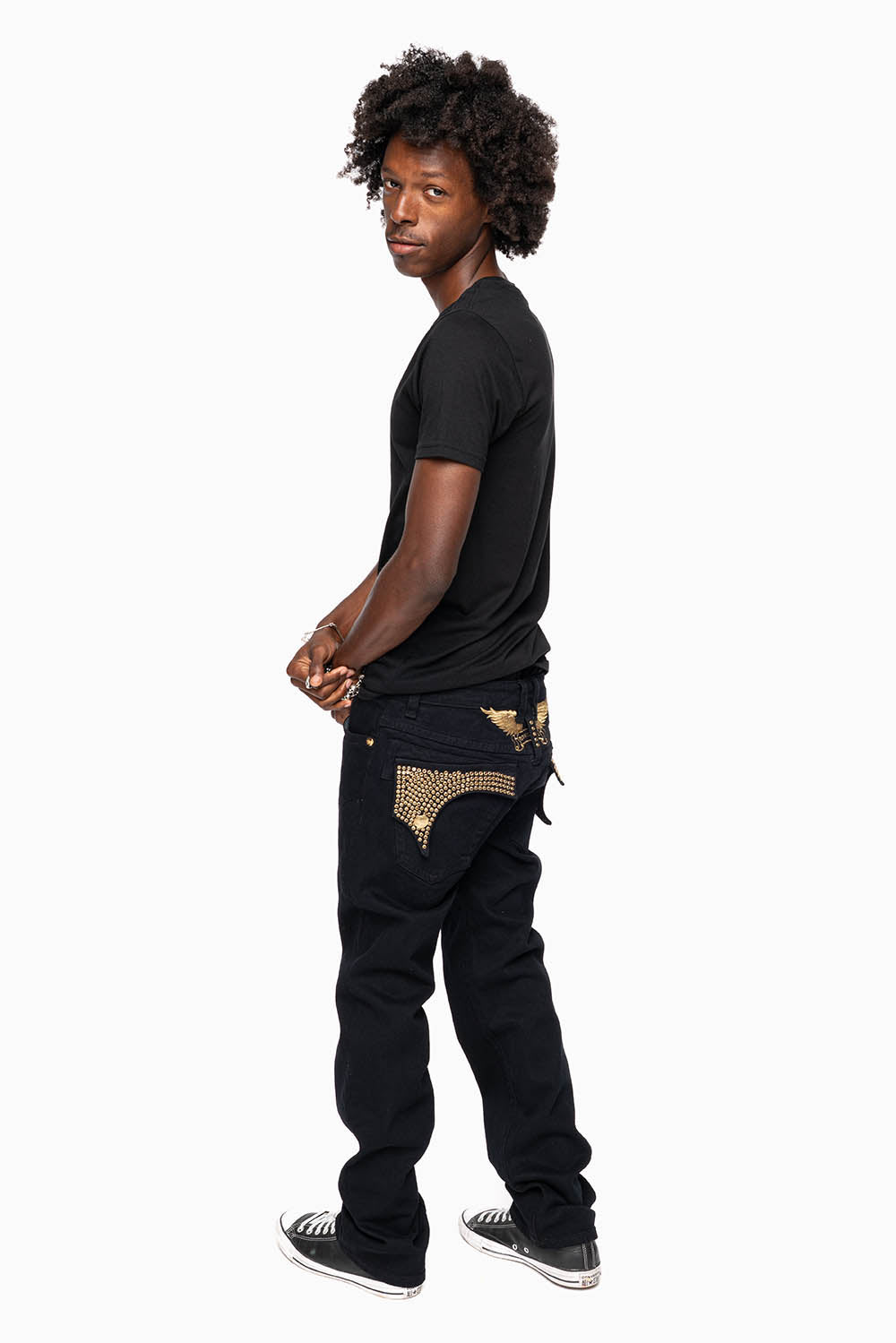 KILLER FLAP MENS STRAIGHT LEG JEAN IN PURE BLACK EMBELLISHED WITH SMOKEY TOPAZ CRYSTALS