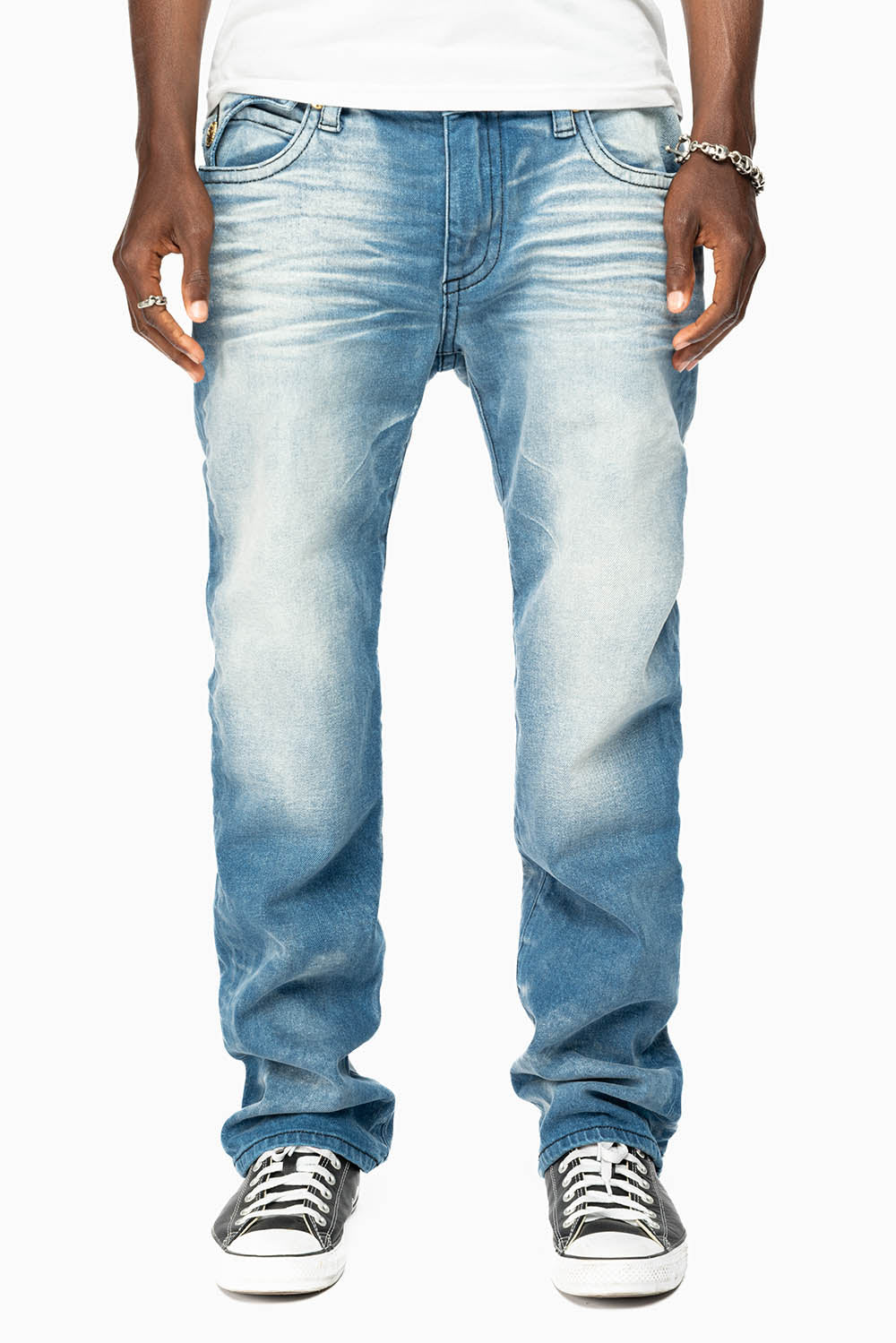 KILLER FLAP MENS STRAIGHT LEG JEAN IN BLUE OMAHA MED FULLY EMBELLISHED WITH CLEAR CRYSTALS
