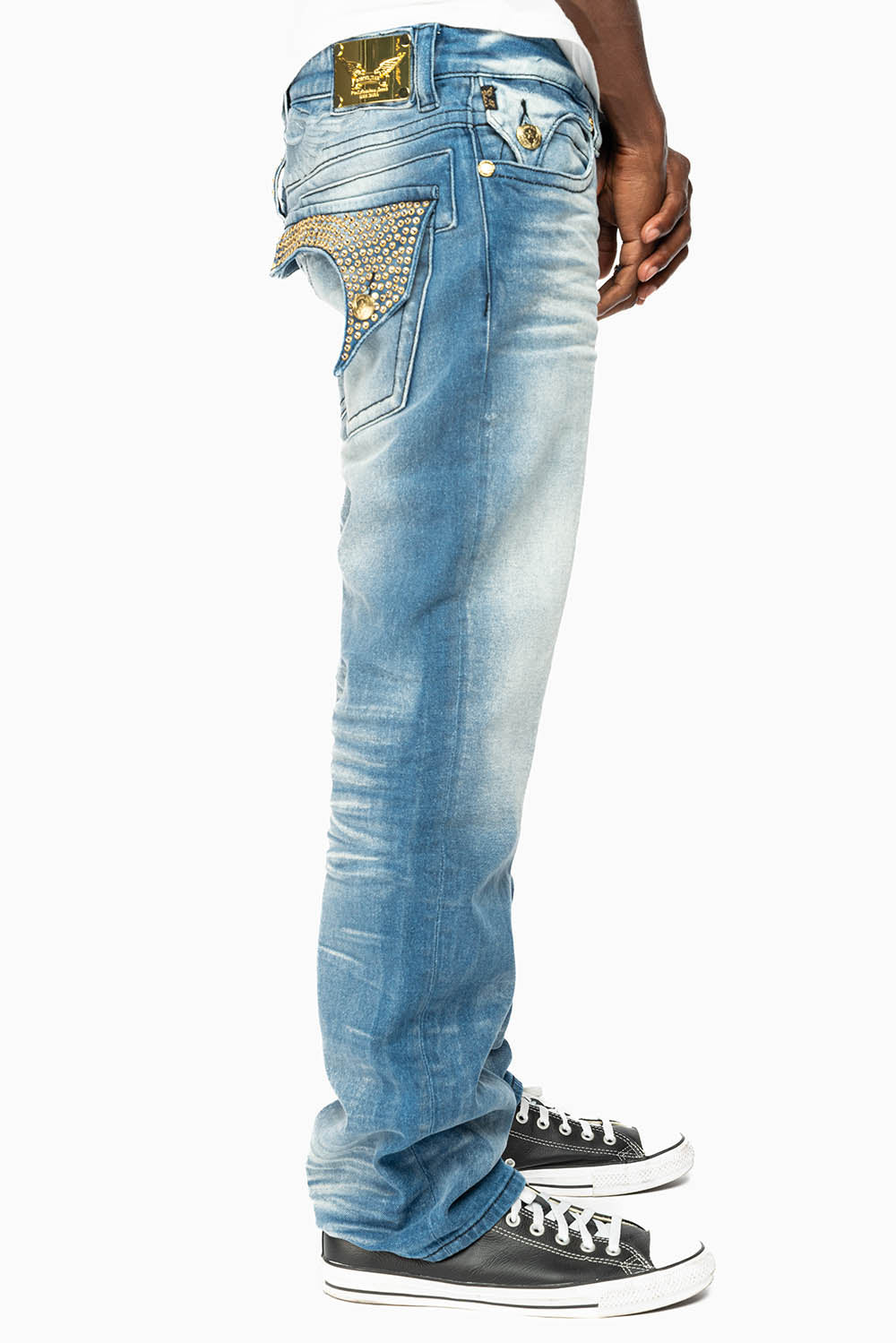 KILLER FLAP MENS STRAIGHT LEG JEAN IN BLUE OMAHA MED FULLY EMBELLISHED WITH CLEAR CRYSTALS