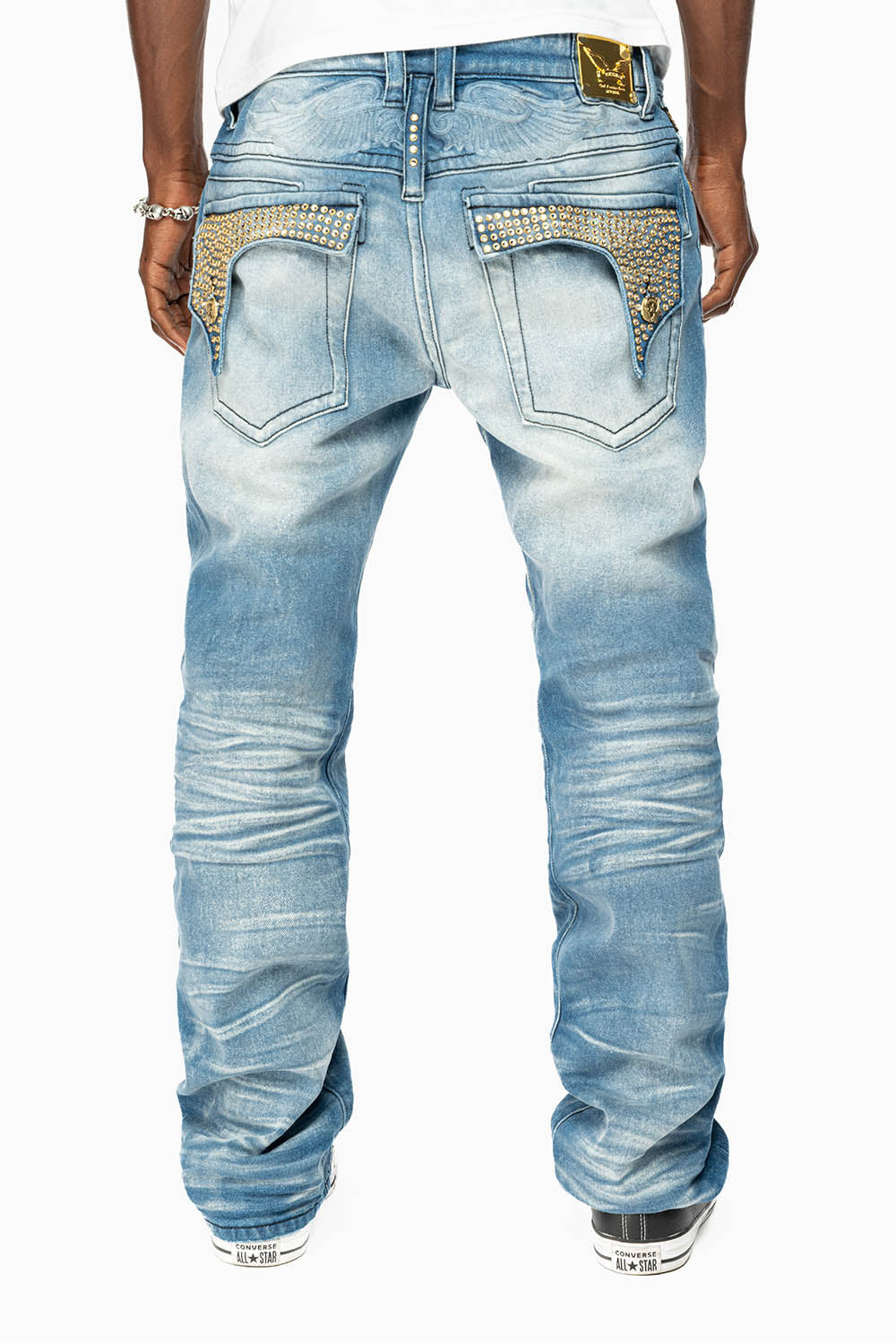 KILLER FLAP MENS STRAIGHT LEG JEAN IN BLUE OMAHA MED FULLY EMBELLISHED WITH CLEAR CRYSTALS