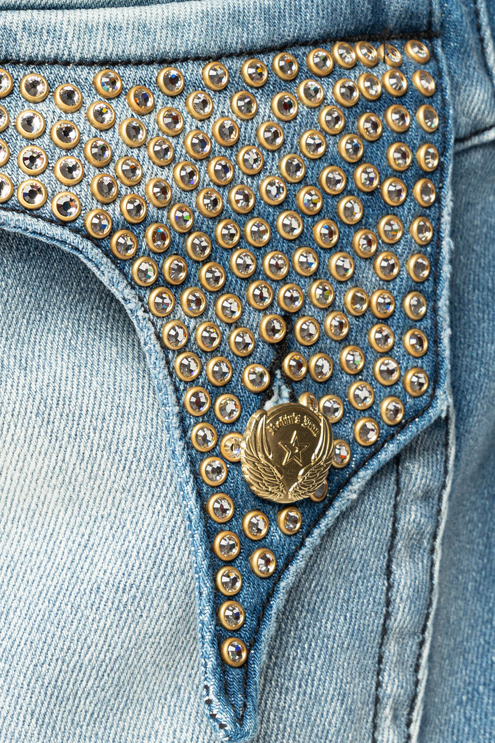 KILLER FLAP MENS STRAIGHT LEG JEAN IN BLUE OMAHA MED FULLY EMBELLISHED WITH CLEAR CRYSTALS