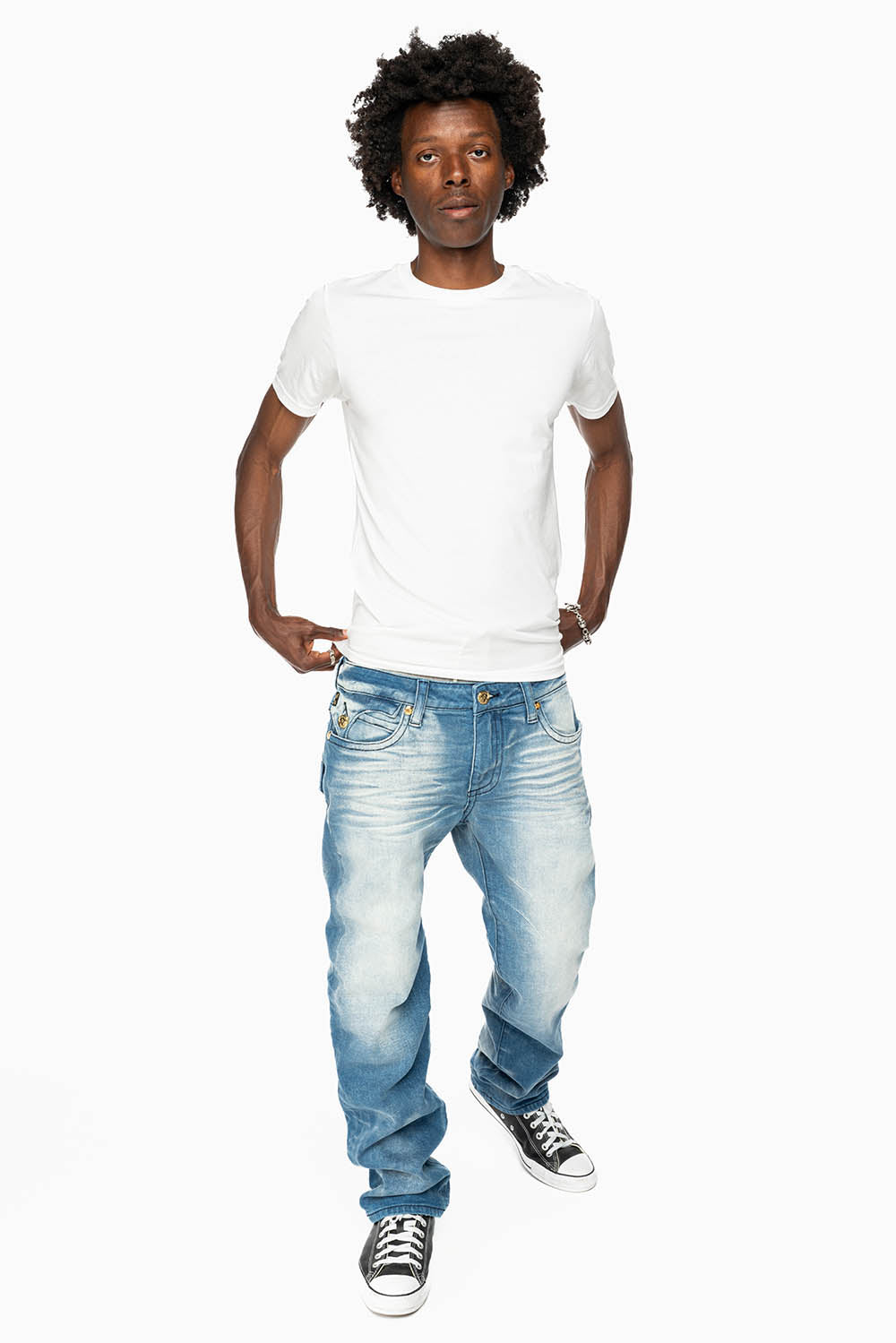 KILLER FLAP MENS STRAIGHT LEG JEAN IN BLUE OMAHA MED FULLY EMBELLISHED WITH CLEAR CRYSTALS
