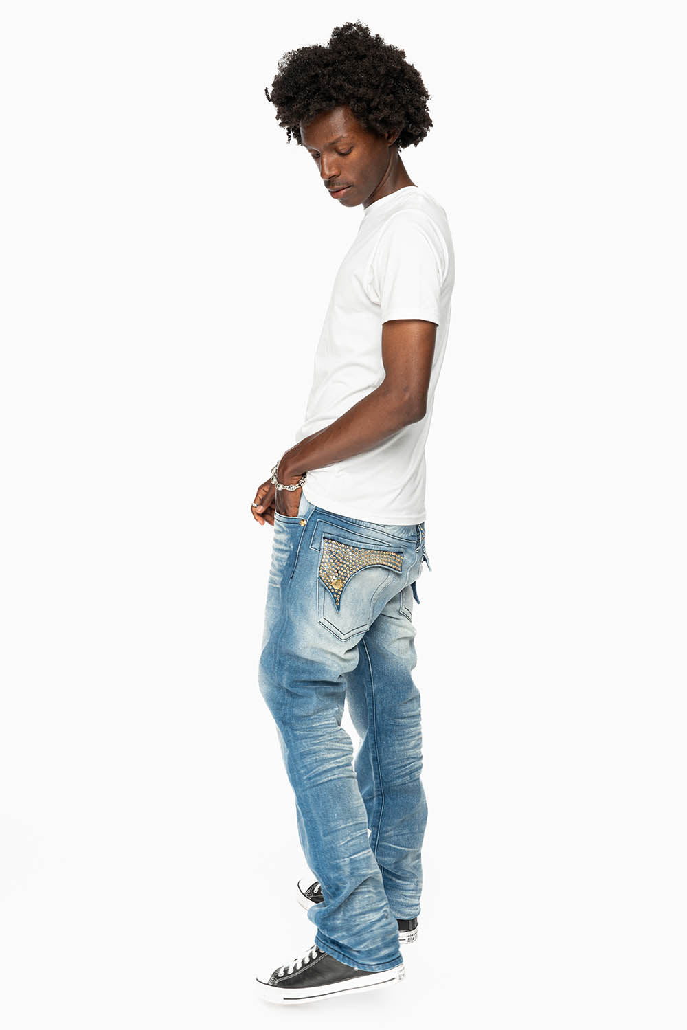 KILLER FLAP MENS STRAIGHT LEG JEAN IN BLUE OMAHA MED FULLY EMBELLISHED WITH CLEAR CRYSTALS
