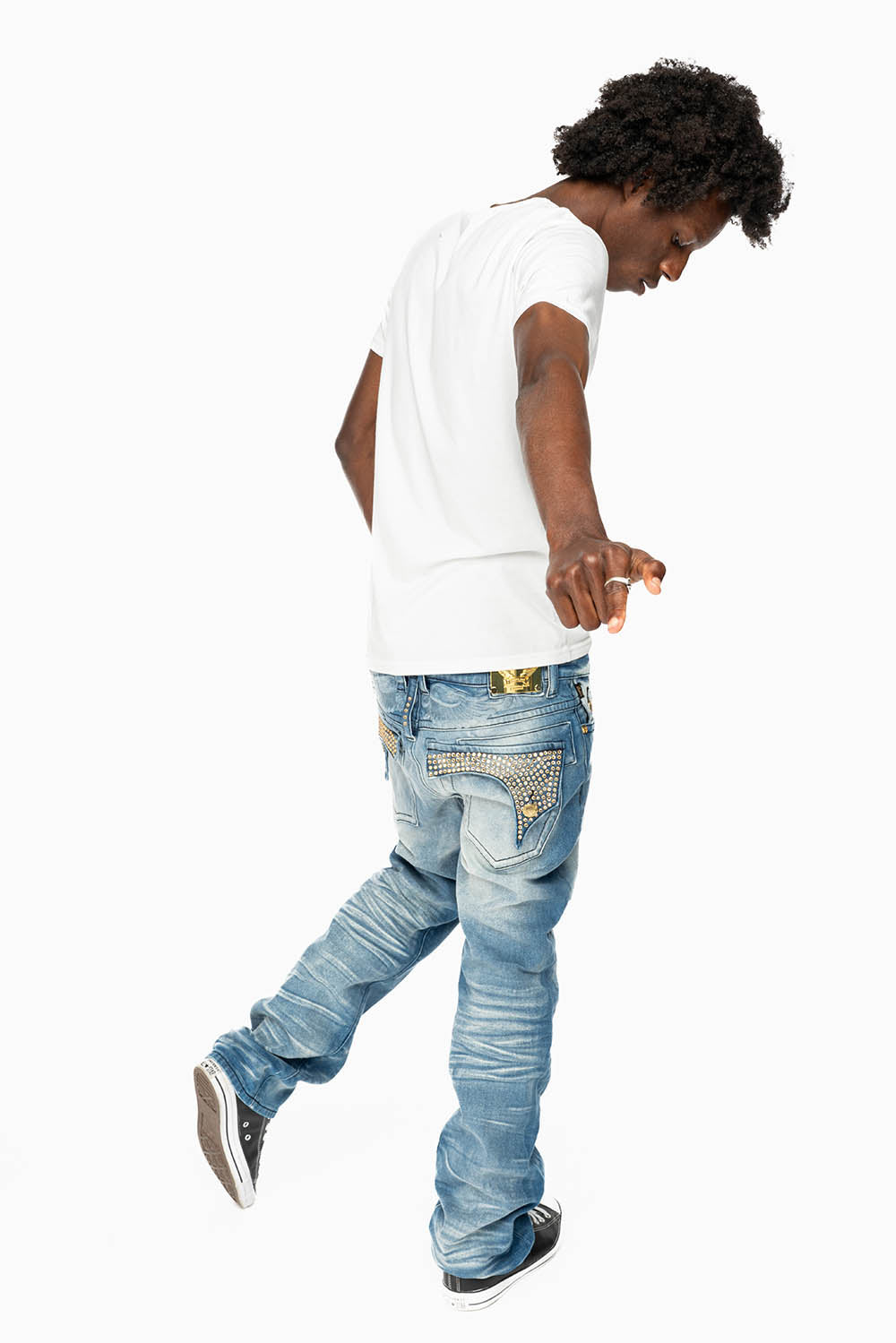KILLER FLAP MENS STRAIGHT LEG JEAN IN BLUE OMAHA MED FULLY EMBELLISHED WITH CLEAR CRYSTALS