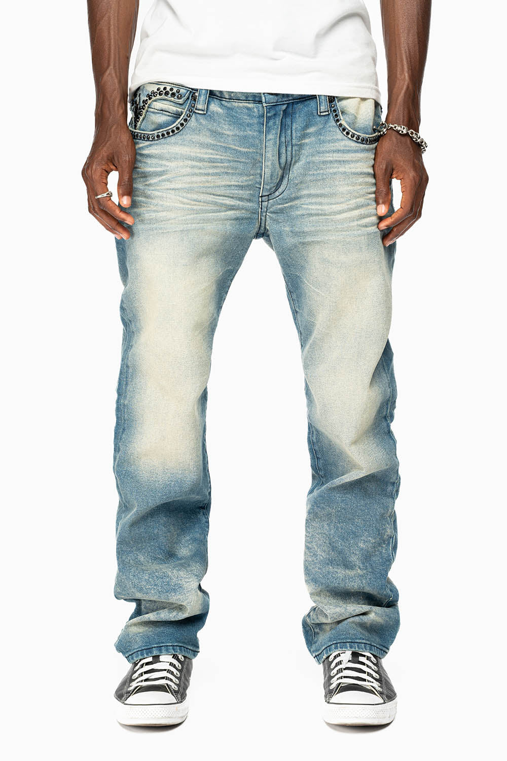KILLER FLAP MENS STRAIGHT LEG JEAN IN OMAHA TAN BLUE WASH EMBELLISHED WITH JET BLK CRYSTAL