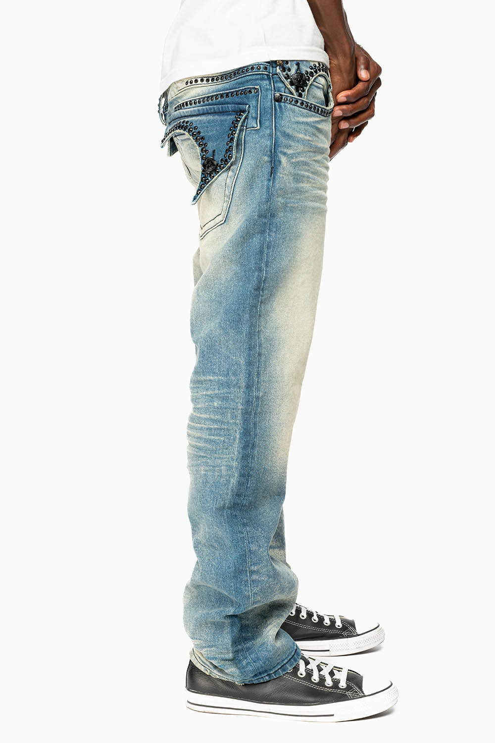 KILLER FLAP MENS STRAIGHT LEG JEAN IN OMAHA TAN BLUE WASH EMBELLISHED WITH JET BLK CRYSTAL