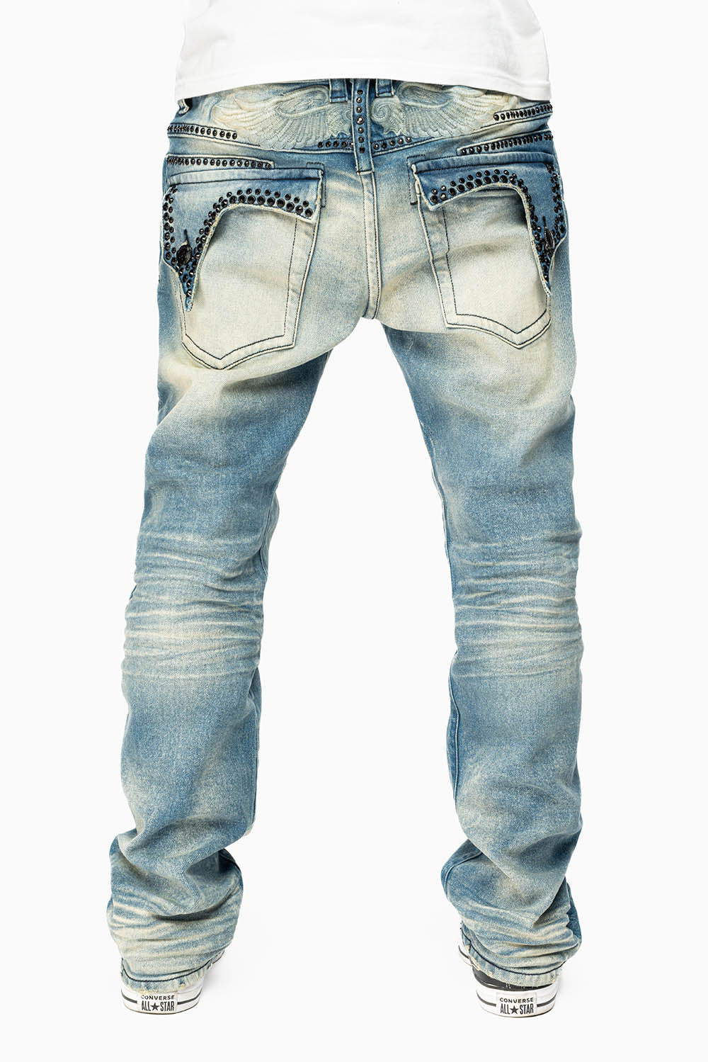 KILLER FLAP MENS STRAIGHT LEG JEAN IN OMAHA TAN BLUE WASH EMBELLISHED WITH JET BLK CRYSTAL