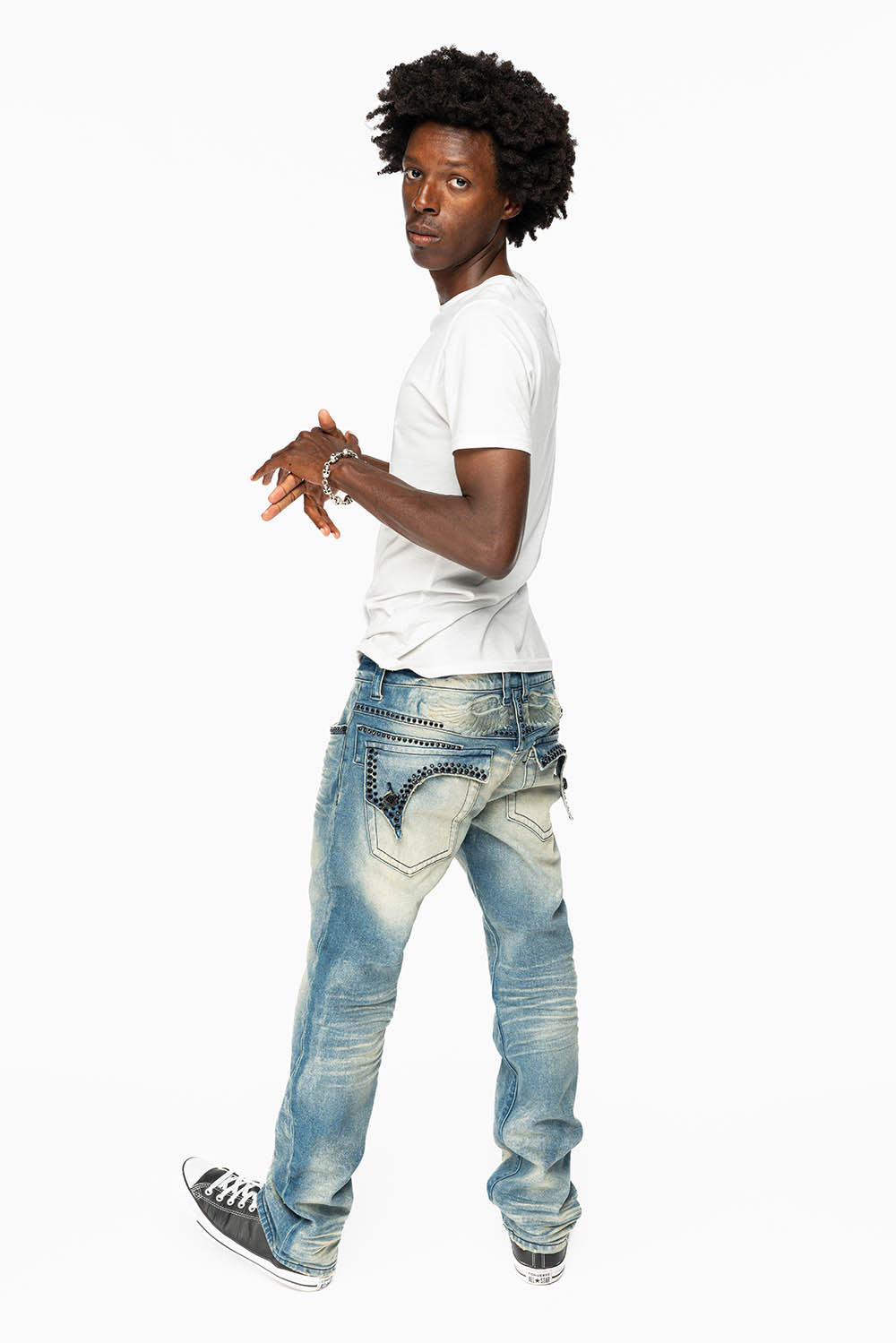 KILLER FLAP MENS STRAIGHT LEG JEAN IN OMAHA TAN BLUE WASH EMBELLISHED WITH JET BLK CRYSTAL