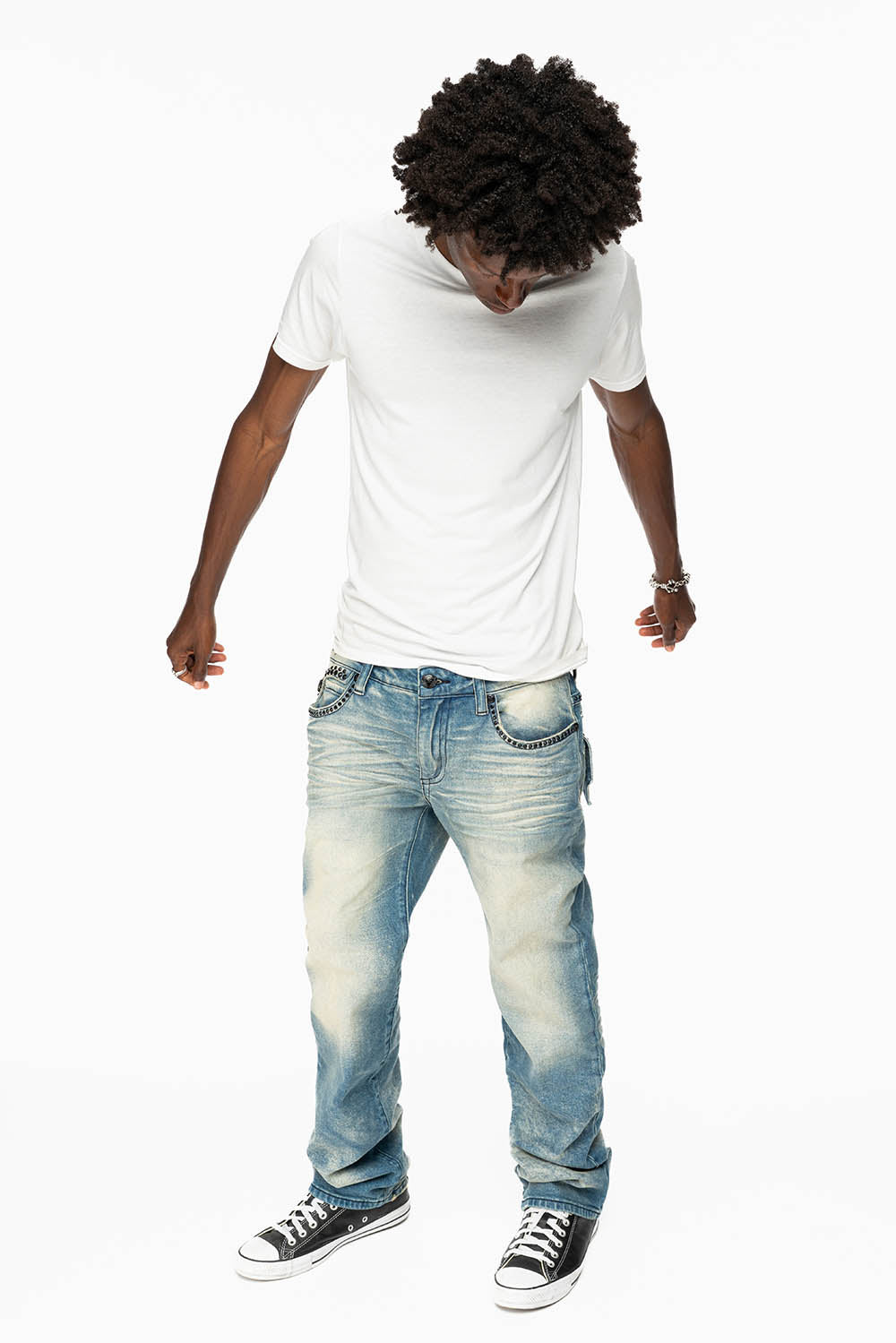 KILLER FLAP MENS STRAIGHT LEG JEAN IN OMAHA TAN BLUE WASH EMBELLISHED WITH JET BLK CRYSTAL