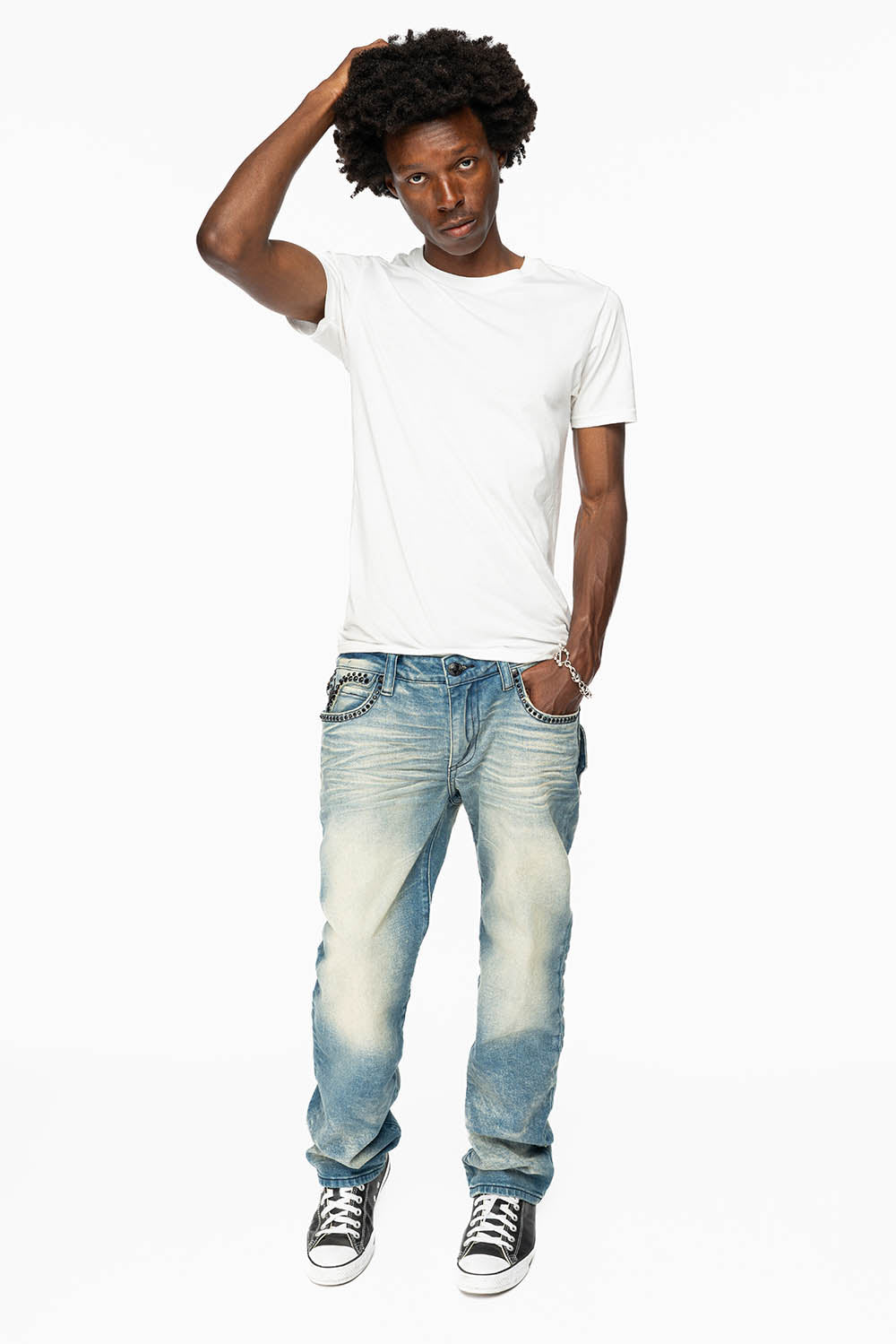 KILLER FLAP MENS STRAIGHT LEG JEAN IN OMAHA TAN BLUE WASH EMBELLISHED WITH JET BLK CRYSTAL