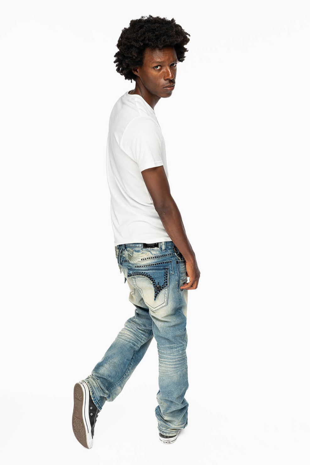 KILLER FLAP MENS STRAIGHT LEG JEAN IN OMAHA TAN BLUE WASH EMBELLISHED WITH JET BLK CRYSTAL