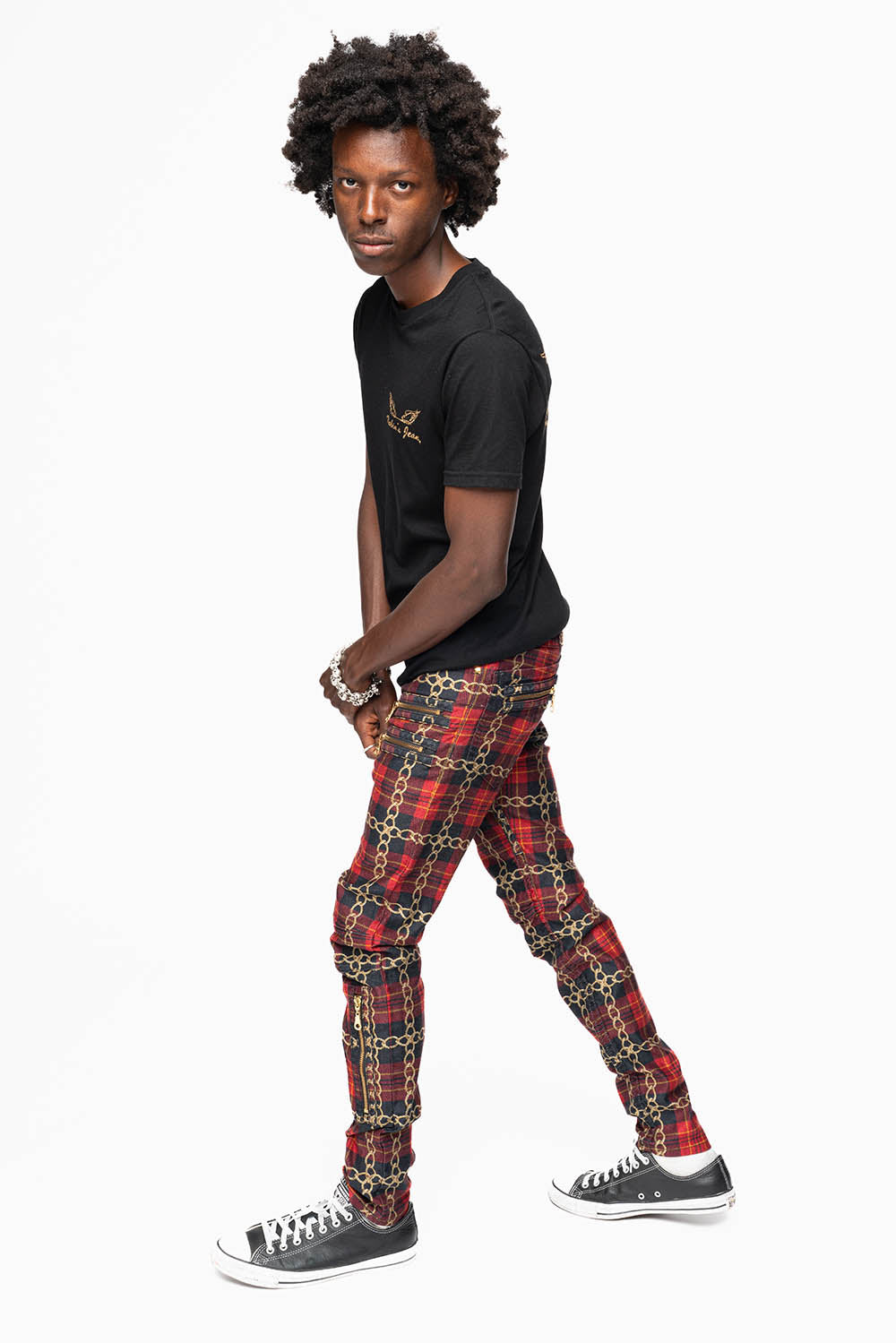 NEW BIKER IN CHAIN PLAID DESIGN WITH GOLD WING EMBROIDERY
