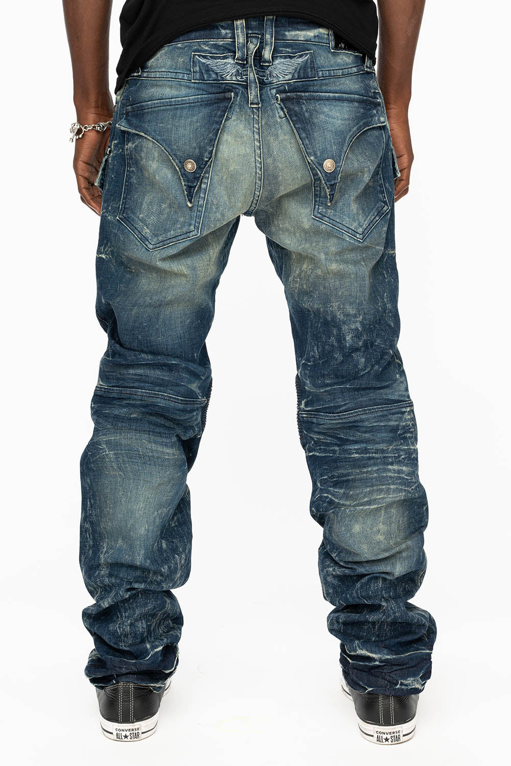 TINTIN DOUBLE CARGO POCKET BIKER JEANS WITH FLAP BACK POCKET IN DARK BLUE WASH