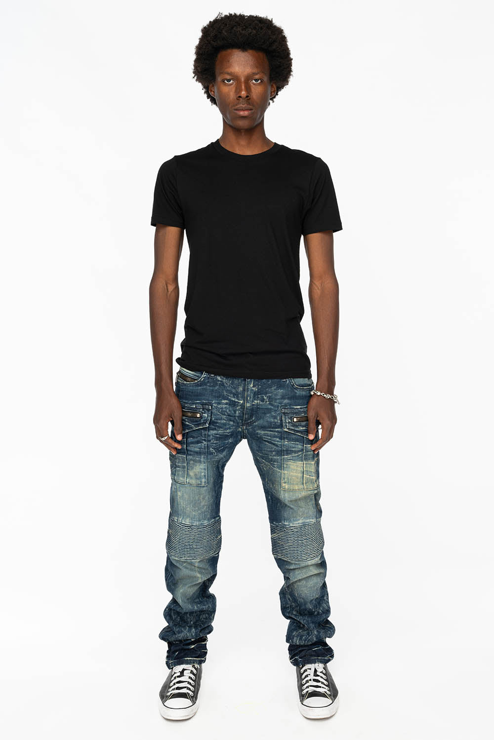 TINTIN DOUBLE CARGO POCKET BIKER JEANS WITH FLAP BACK POCKET IN DARK BLUE WASH