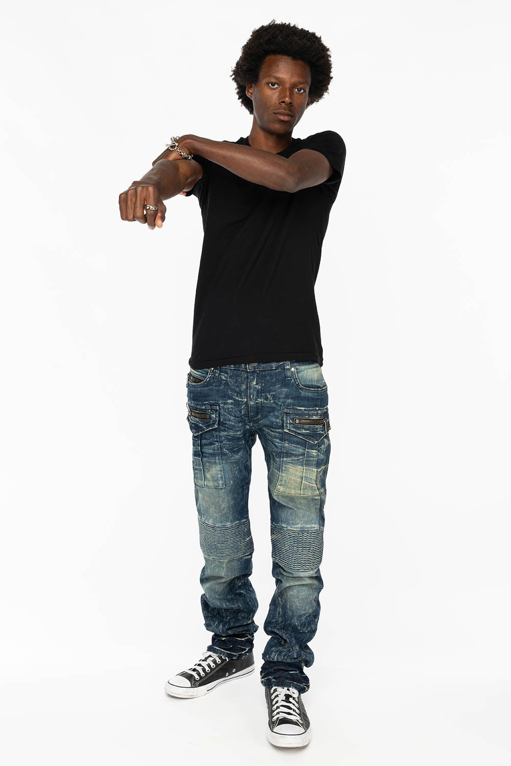 TINTIN DOUBLE CARGO POCKET BIKER JEANS WITH FLAP BACK POCKET IN DARK BLUE WASH