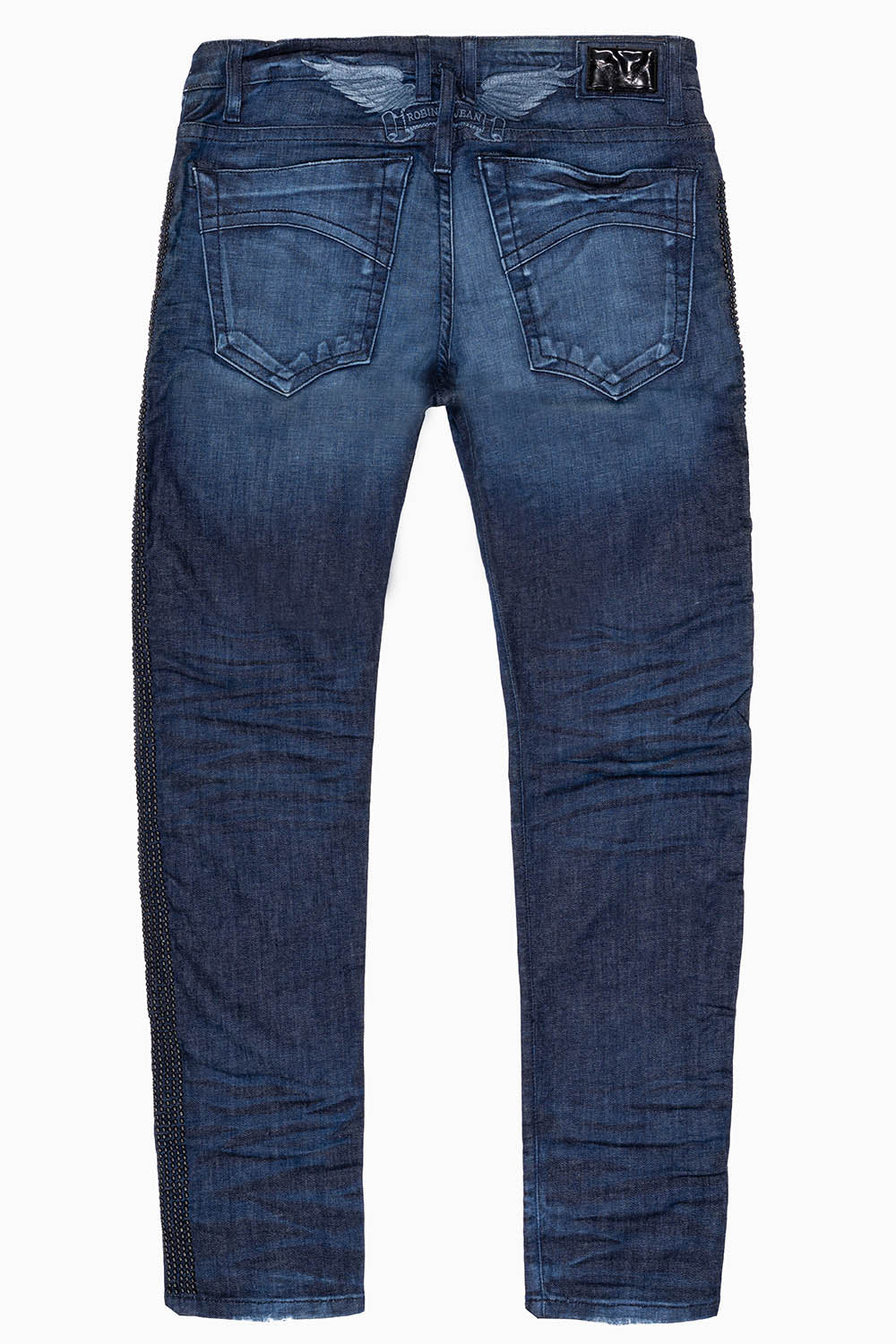 SKINNY MENS JEANS IN BLUE LIBERTY DARK WASH WITH SIDE SEAM STRIPE NAILHEADS