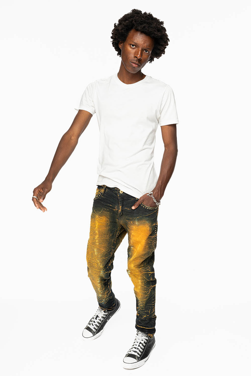 SKINNY MENS JEANS IN 4D GREEN TEA WASH WITH AURUM CRYSTALS