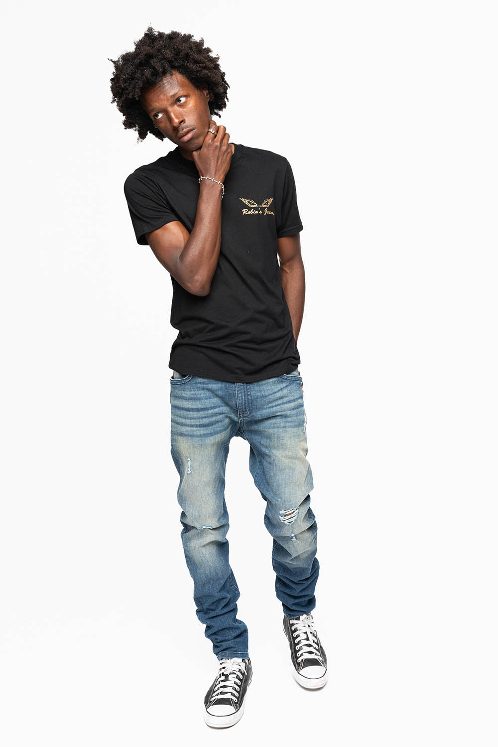 MENS SKINNY JEANS IN ELROY DARK BROKEN WASH WITH TONAL WING EMBROIDERY