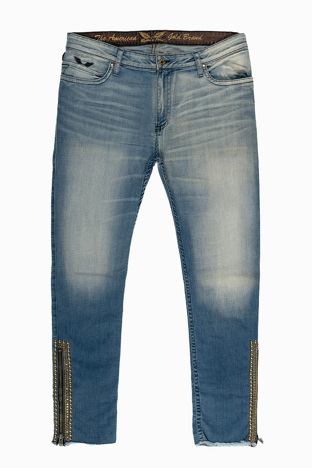 MENS SKINNY LEG ZIPPER JEANS IN BLUE ELROY MEDIUM WASH WITH EMBELLISHMENT