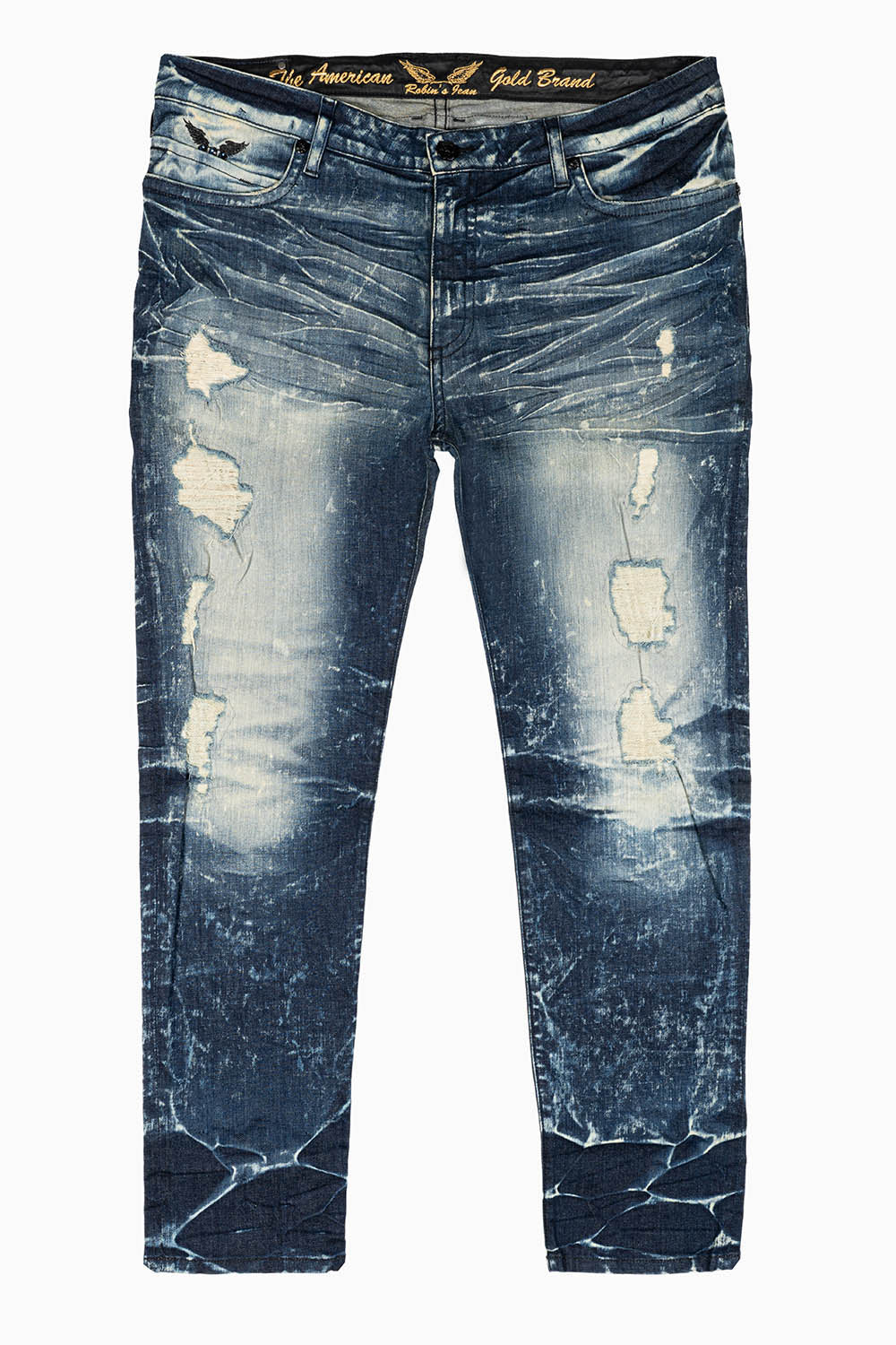 LONG FLAP MENS SKINNY JEANS IN BLUE 5D DARK BROKEN WASH WITH MONTANA BLUE CRYSTALS