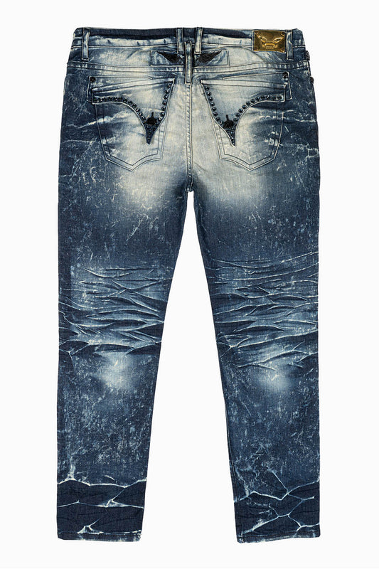 LONG FLAP MENS SKINNY JEANS IN BLUE 5D DARK BROKEN WASH WITH MONTANA BLUE CRYSTALS