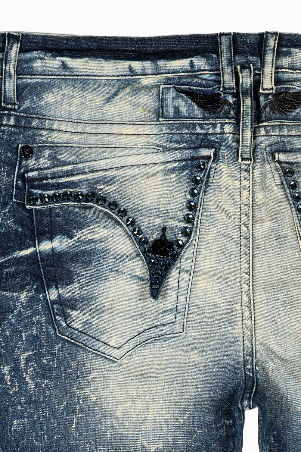 LONG FLAP MENS SKINNY JEANS IN BLUE 5D DARK BROKEN WASH WITH MONTANA BLUE CRYSTALS