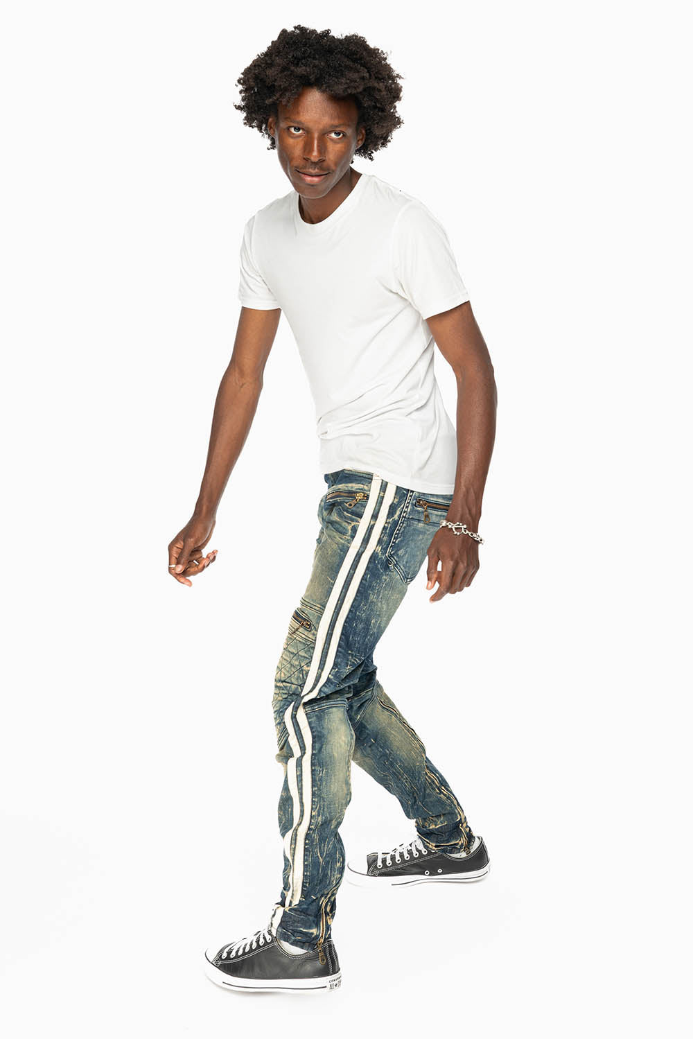 MENS BIKER JEANS IN BLUE 4D DARK WASH WITH WHITE STRIPES