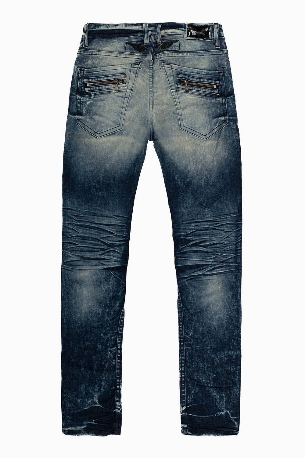 BIKER JEAN QUILTED KNEE WITH ZIPPERS IN 5D DARK BROKEN BACKING WASH