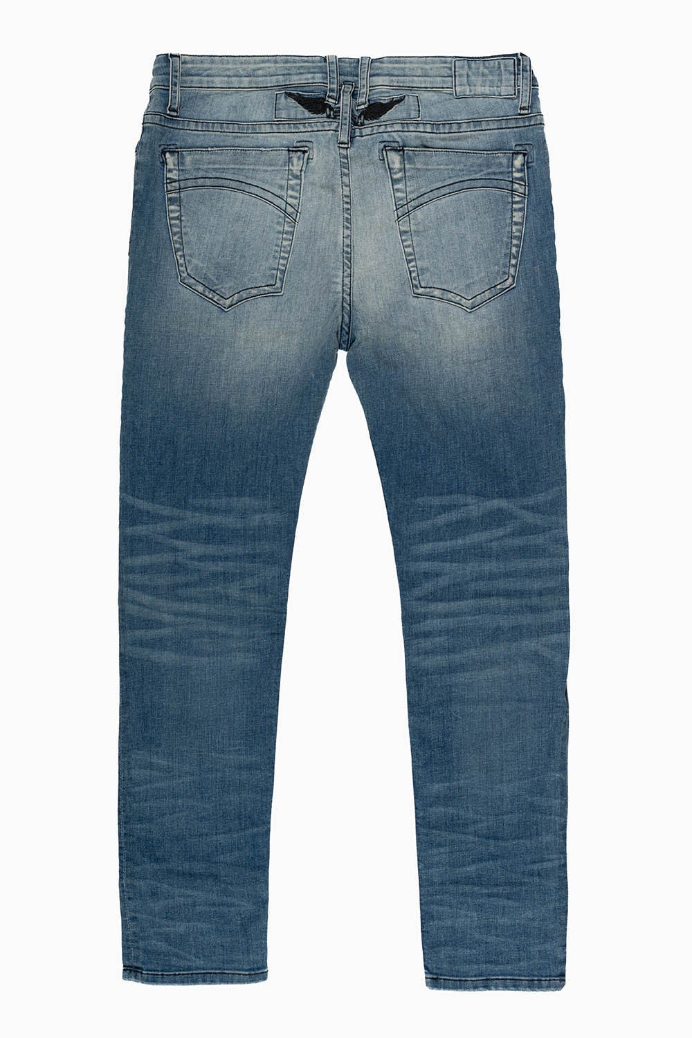 MENS SKINNY JEANS IN ELROY MEDIUM BROKEN WASH WITH BLK WING EMBROIDERY