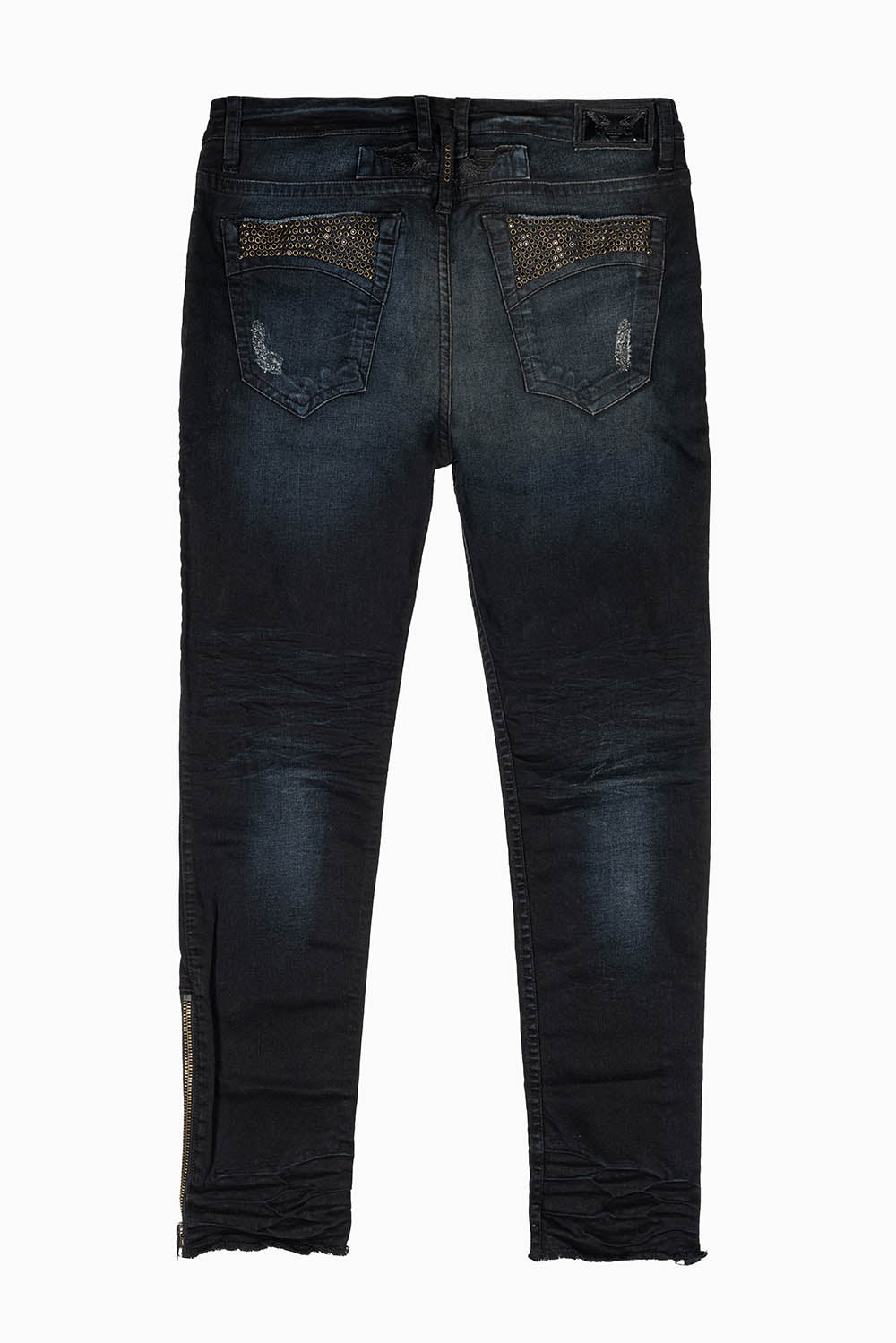 MENS SKINNY LEG ZIPPER JEANS IN F_UP BLK  WITH EMBELLISHMENT